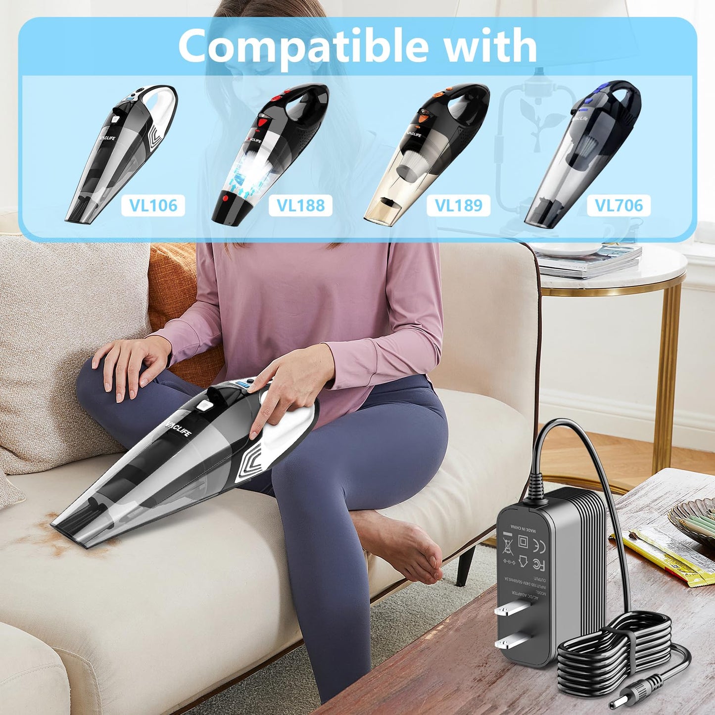 Charger for VacLife Handheld Vacuum Cleaner Compatible with VacLife VL106 VL188 VL189 VL706 VL188-N H-111 H-106 H106 Handheld Vacuum Power Adapter