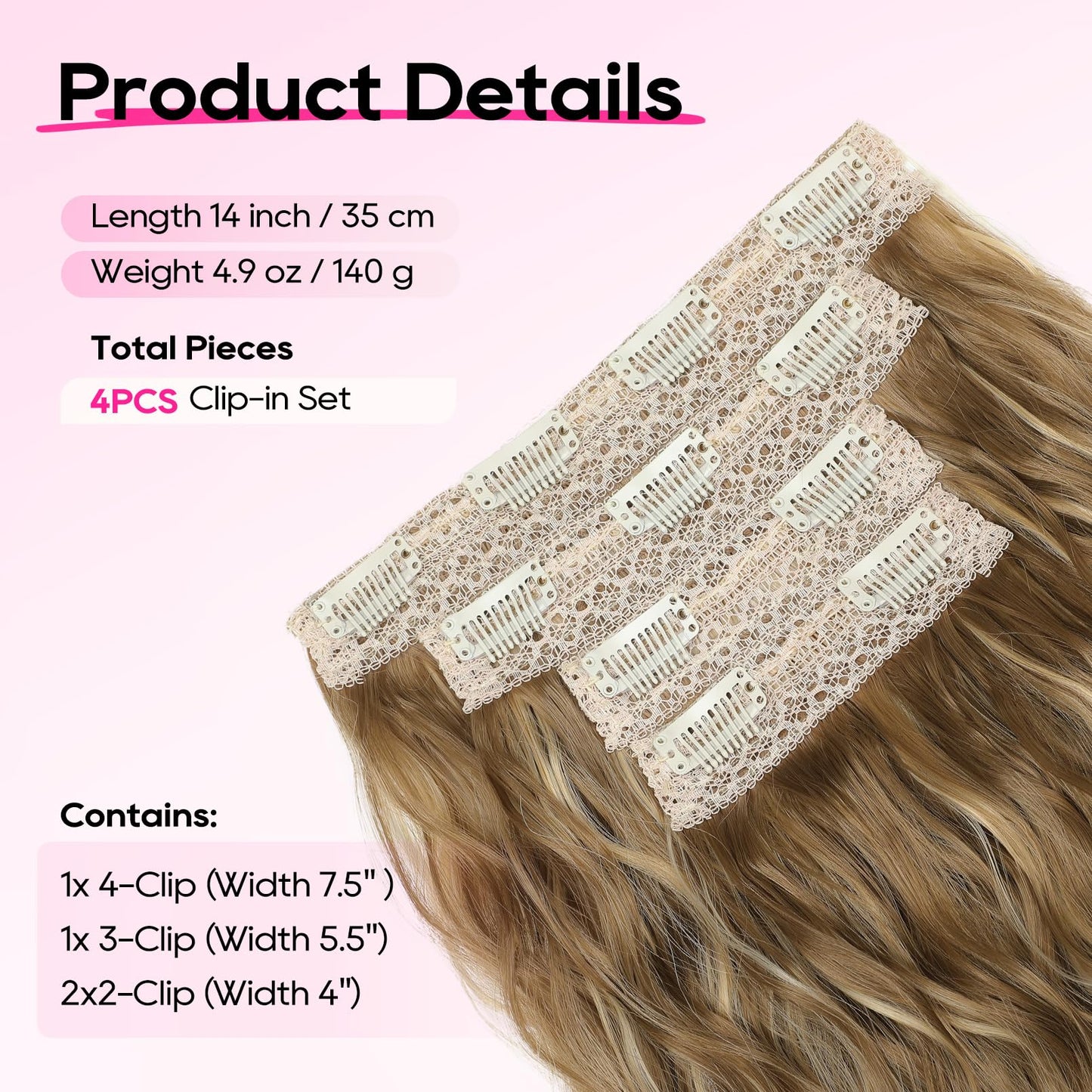 REECHO Clip in Hair Extensions, 4PCS Hair Extensions 14" Short Wavy Invisible Lace Weft Natural Soft Hairpieces for Women – Light Brown with Blonde Highlights
