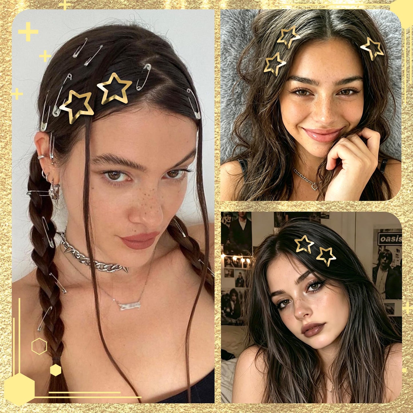 NAISKA 24PCS Gold Stars Hair Clips 2000s Y2K Hair Barrettes Metal Rave Pins