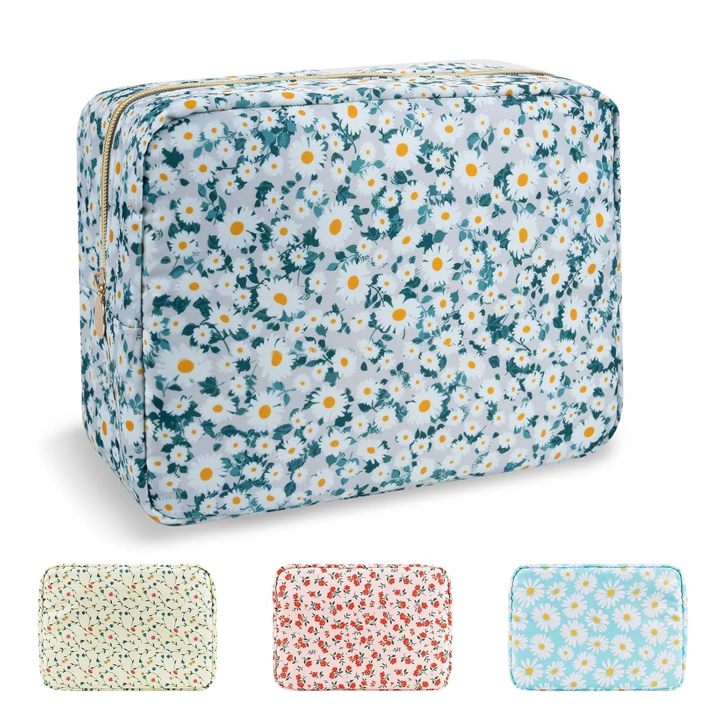 Waterproof Mini Floral Makeup Bag - Nylon Travel Pouch for Women | Cute Zipper Toiletry Organizer (Mini White-Flowers)
