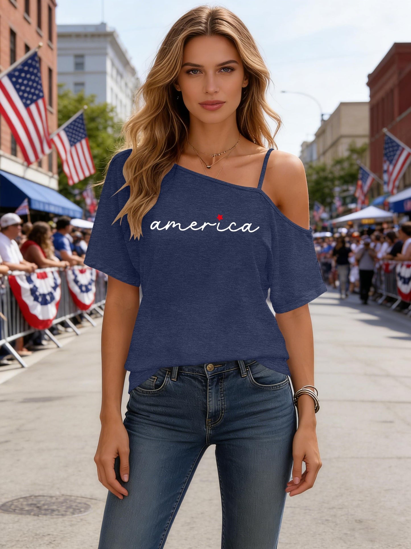 PECHAR 4th of July Shirts Women USA Patriotic Off Shoulder T Shirt American Flag Spaghetti Strap Tees Loose Fit Tops