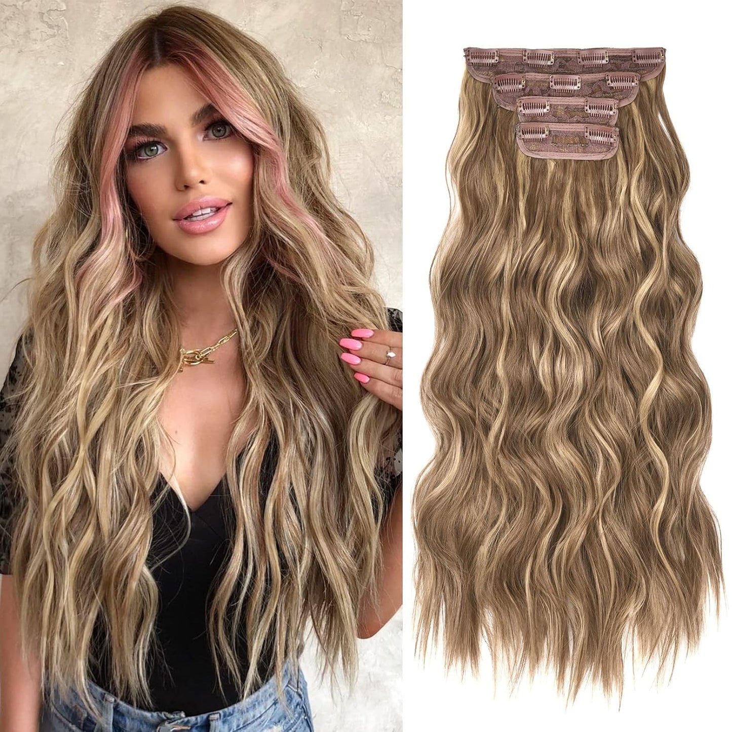 Clip-In Hair Extensions - 4PCS Natural Soft Synthetic Hairpieces for Women | Chocolate Brown
