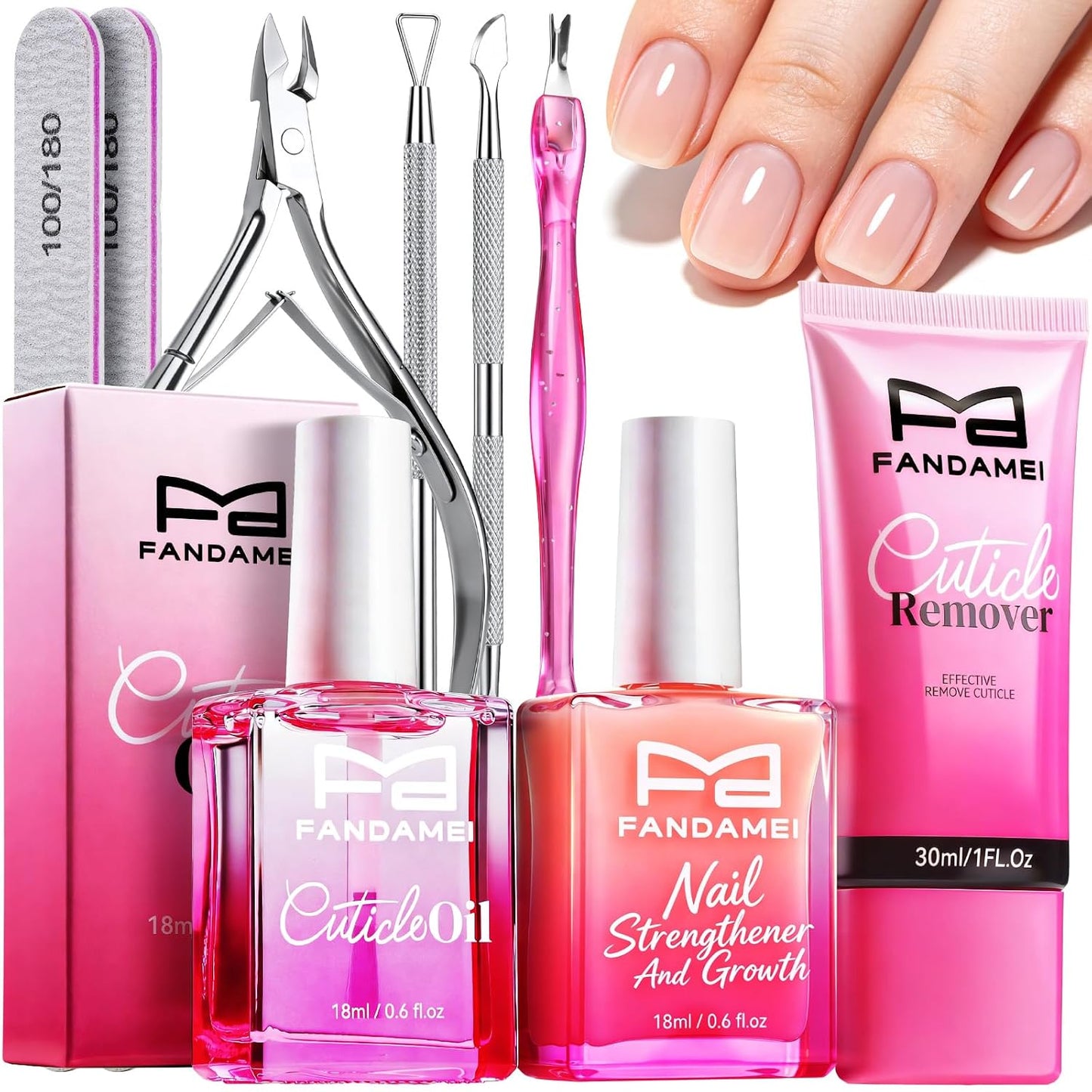 Nail Care Kit for Women - Cuticle Remover Tools, Strengthener & Pink Polish | Manicure Essentials