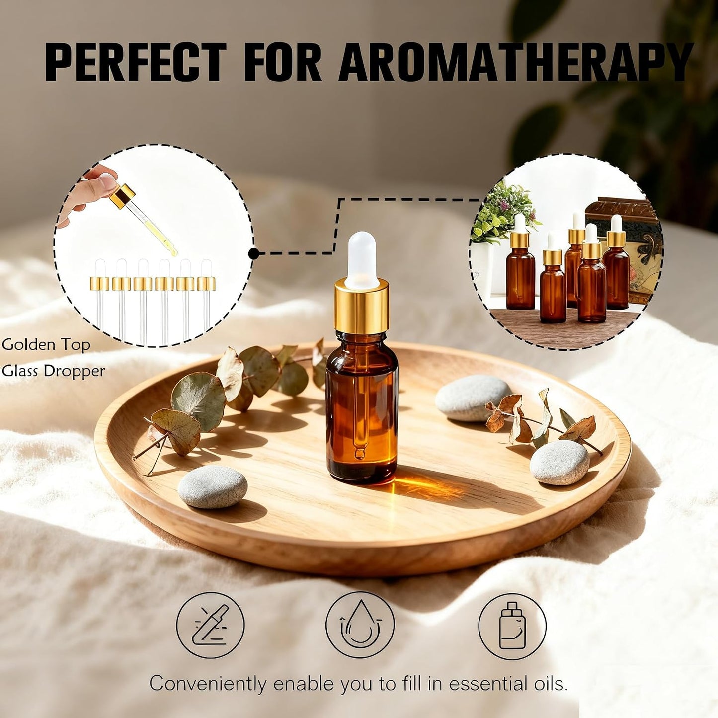 Glass Eye Dropper Bottles - 24 Pack 0.5oz Amber Leakproof Bottles with Golden Caps | Perfect for Essential Oils, Tinctures, Travel