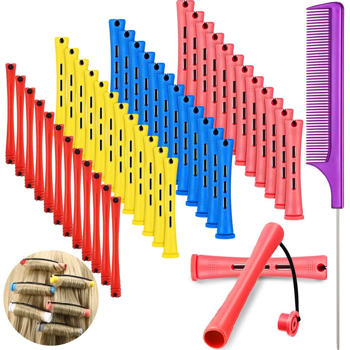 48 Pieces Hair Perm Rods - Short Cold Wave Curling Rollers with Steel Pintail Comb | 6 Sizes, 6 Colors