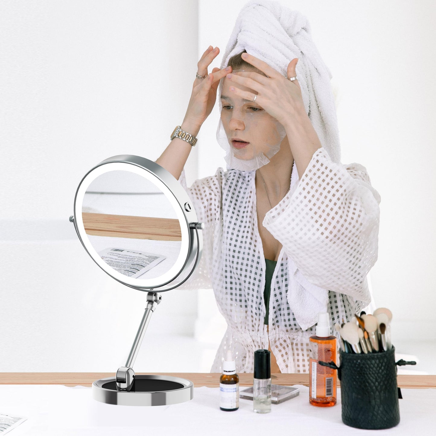 Rocollos Tabletop Makeup Mirror with Built-in Vanity Tray, 9" Rechargeable 4000mAh Lighted Vanity Mirror 1X/10X Magnification, Height-Adjustable Arm, 3 Color Dimmable (Nickel)
