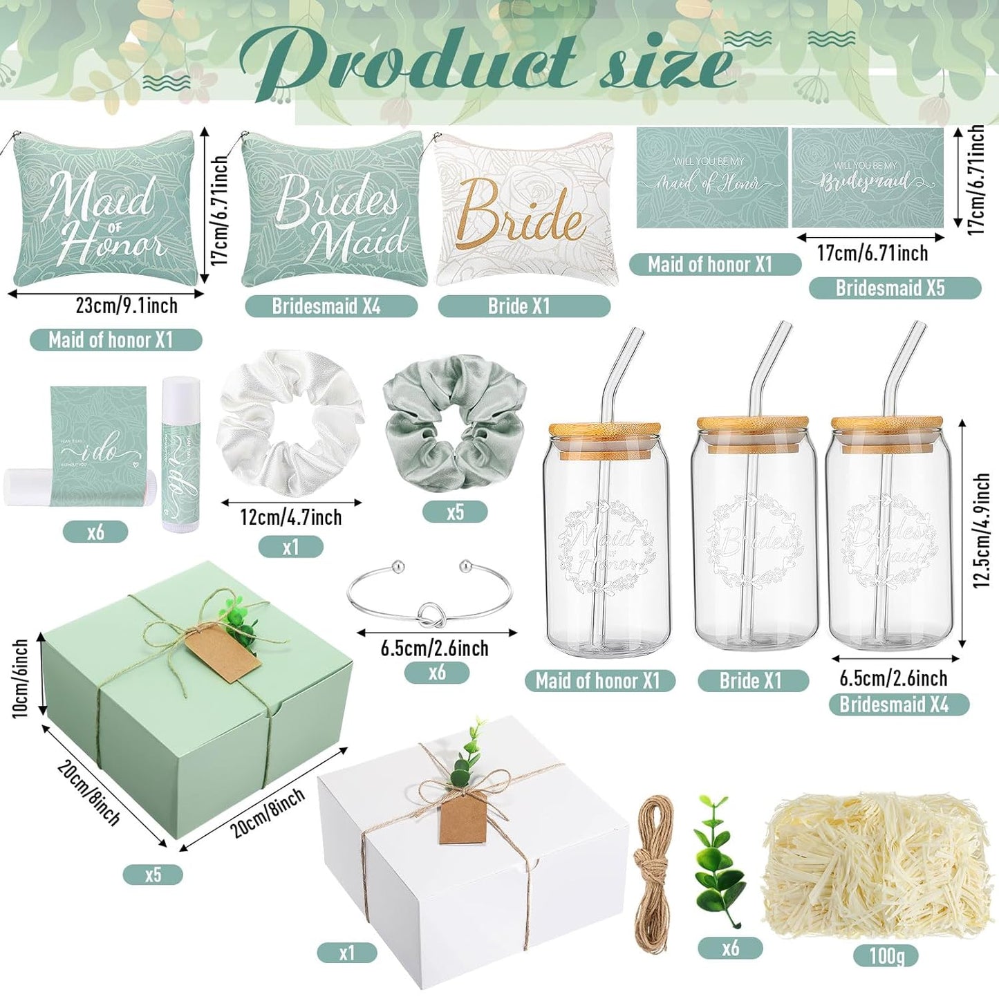 Bridesmaid Proposal Gifts - 54 Pcs Set with Makeup Bag, Glass Cup & Bracelet | Green & White