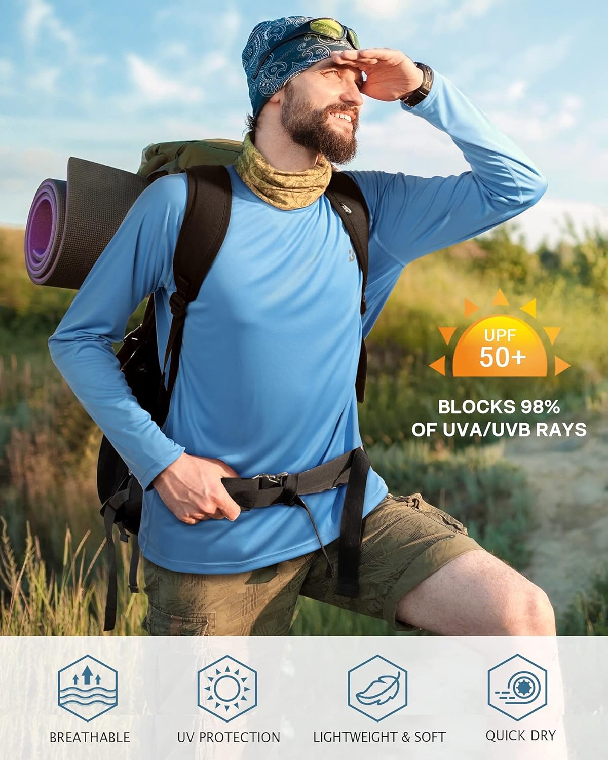 Men's UPF 50+ UV Sun Protection Long Sleeve Shirt - SPF Rash Guard for Fishing, Hiking & Running