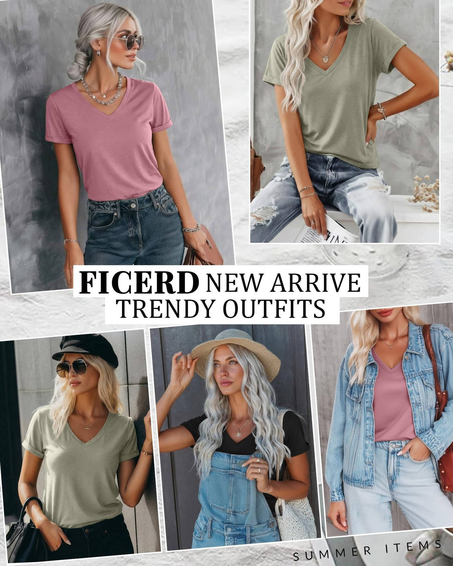Ficerd 3 Pack Women's V Neck T Shirts, Summer Casual Short Sleeve Tops Loose Fit Rolled Sleeve Tees Trendy Shirts