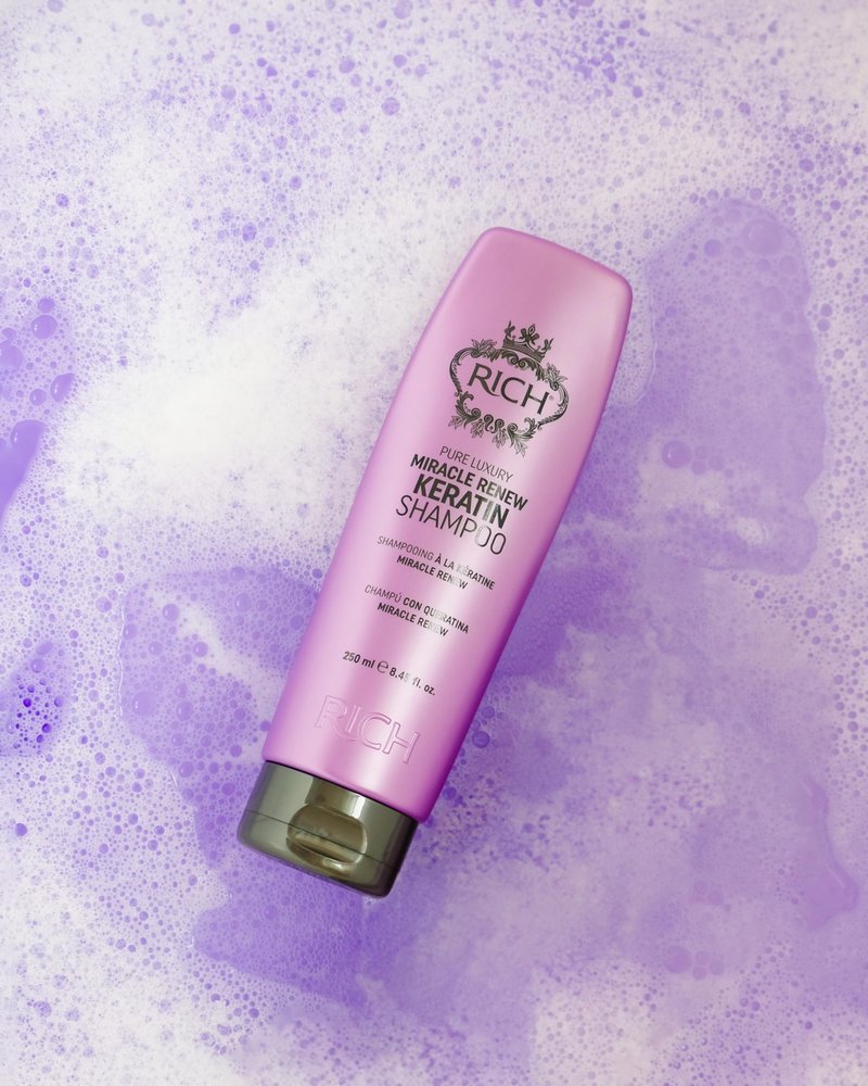 RICH Pure Luxury Miracle Renew Keratin Shampoo for All Hair Types - Repair, Protect and Strengthen Damaged Hair & Split Ends - Argan Oil, Algae & Red Grape extract - 8.45 Oz