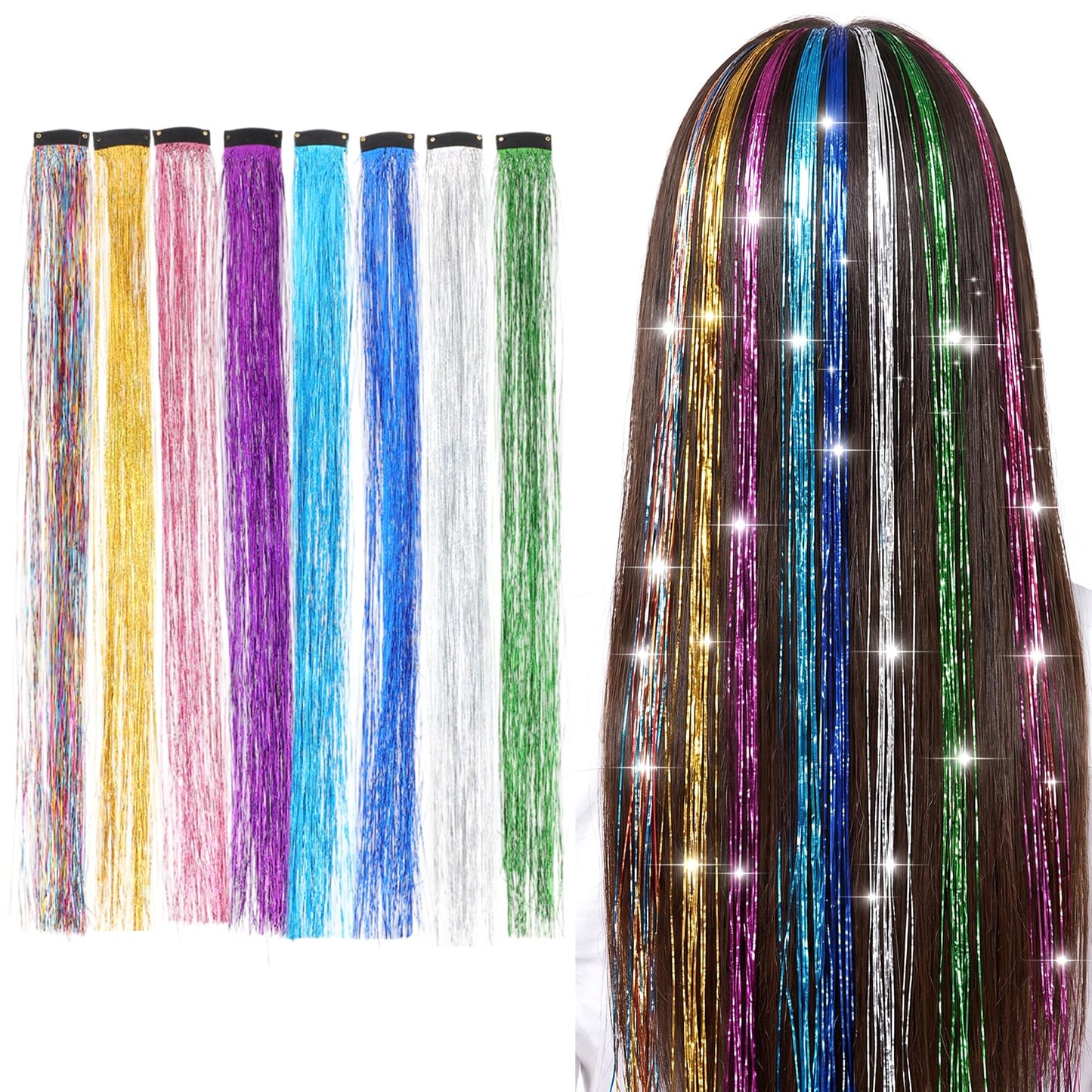 Nogeqi 8 Pcs Colored Hair Tinsel Clip Hair Extensions Glitter Fairy Hairs Tinsel Clips for Party Birthday Festival Gifts, 18.9 Inch