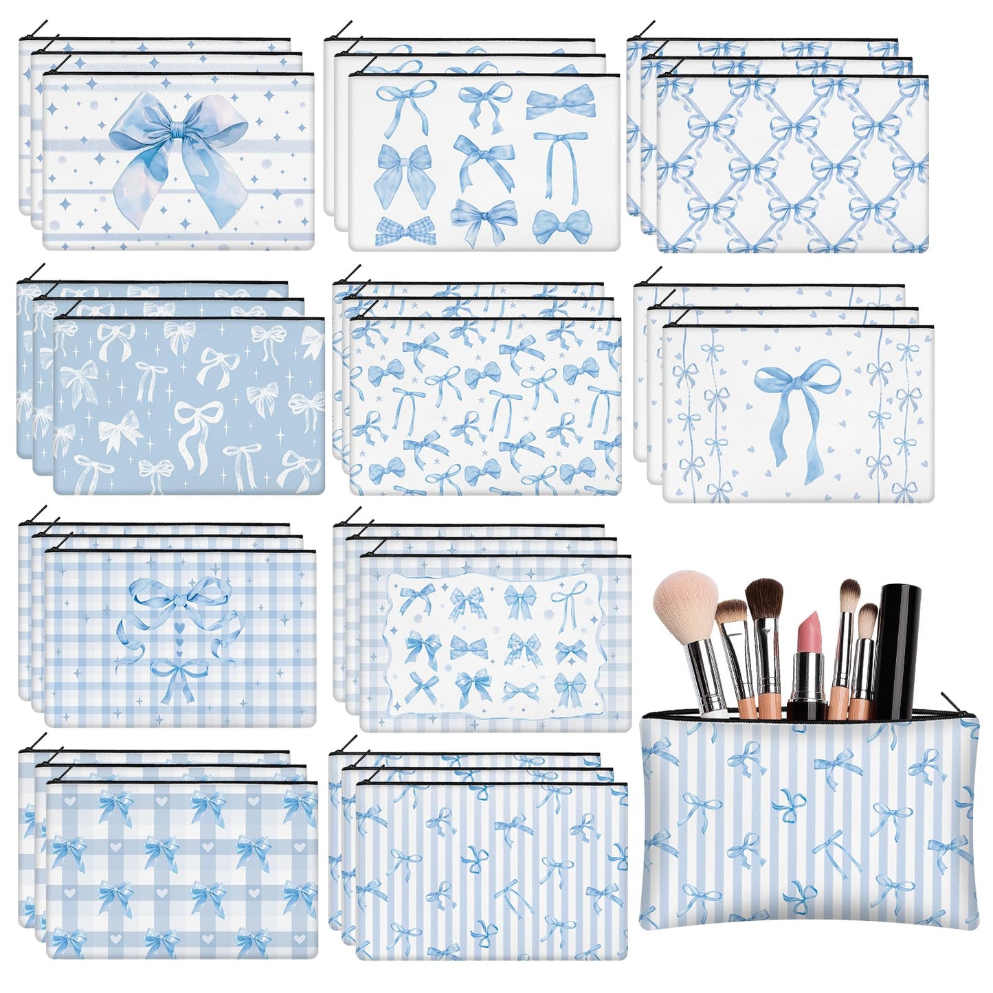 KOPOOEOE 30 Pcs Blue Bow Makeup Bags Coquette Cosmetic Zipper Pouches with Elegant Blue Bow Makeup Bag Bulk Canvas Cosmetic Travel Toiletry Pouch for Women Bridesmaids Wedding Favors