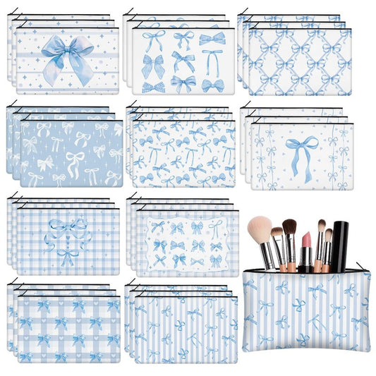 KOPOOEOE 30 Pcs Blue Bow Makeup Bags Coquette Cosmetic Zipper Pouches with Elegant Blue Bow Makeup Bag Bulk Canvas Cosmetic Travel Toiletry Pouch for Women Bridesmaids Wedding Favors