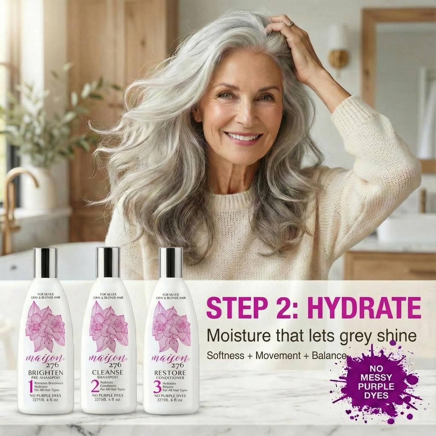 Maison 276 Pre-Shampoo, Shampoo and Conditioner for Silver, Gray & Blonde Hair, 3-Step System, Tone-Brightening & Enhancement, No Purple Dyes, Neutralizes Brassiness, Sulfate-Free, 3 x 8 oz Btls