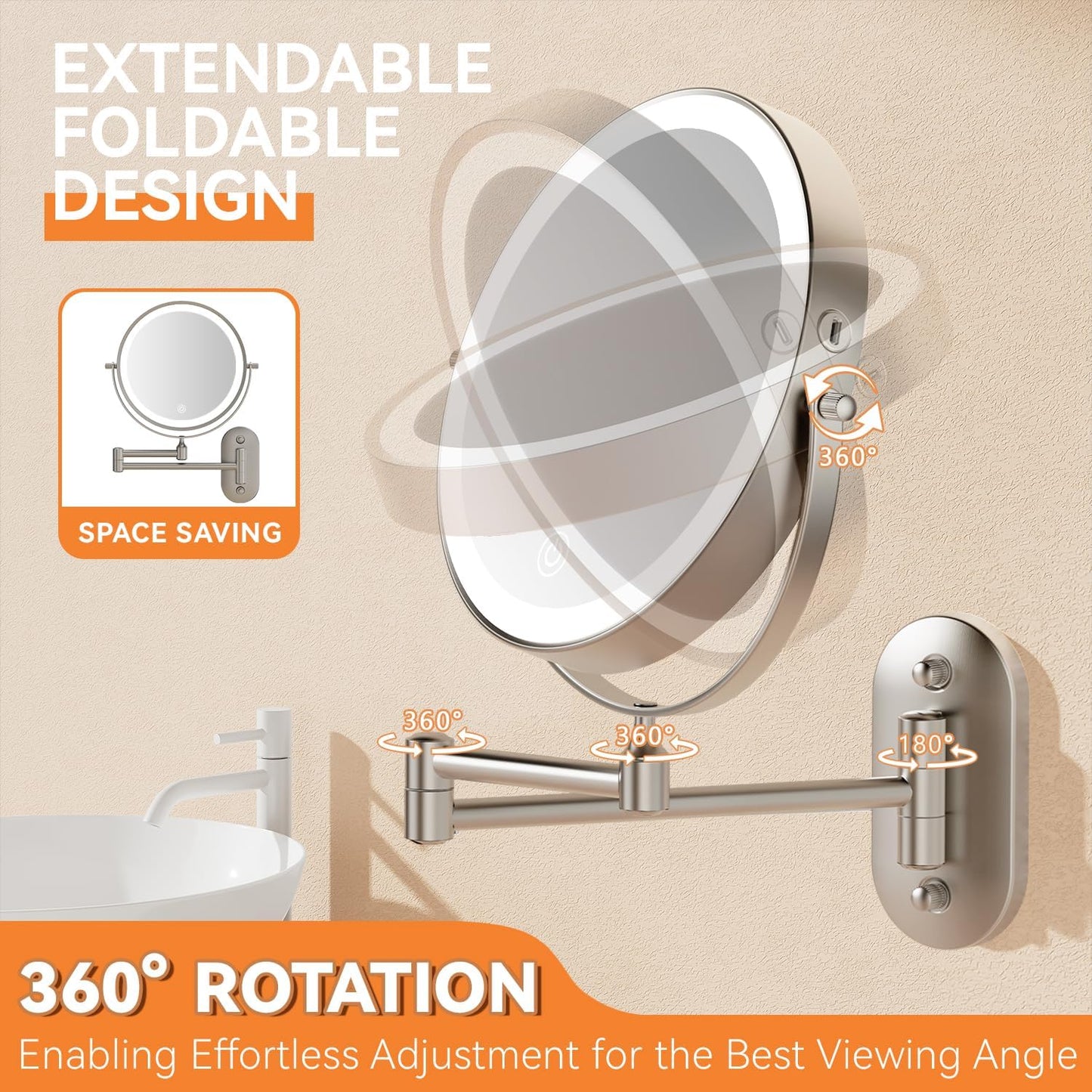 Lighted Makeup Mirror - 1X/30X Double-Sided Magnifying Mirror with 3 Color Touch Dimmable Lights | 8" Rechargeable, 360° Rotating Arm, Brushed Nickel