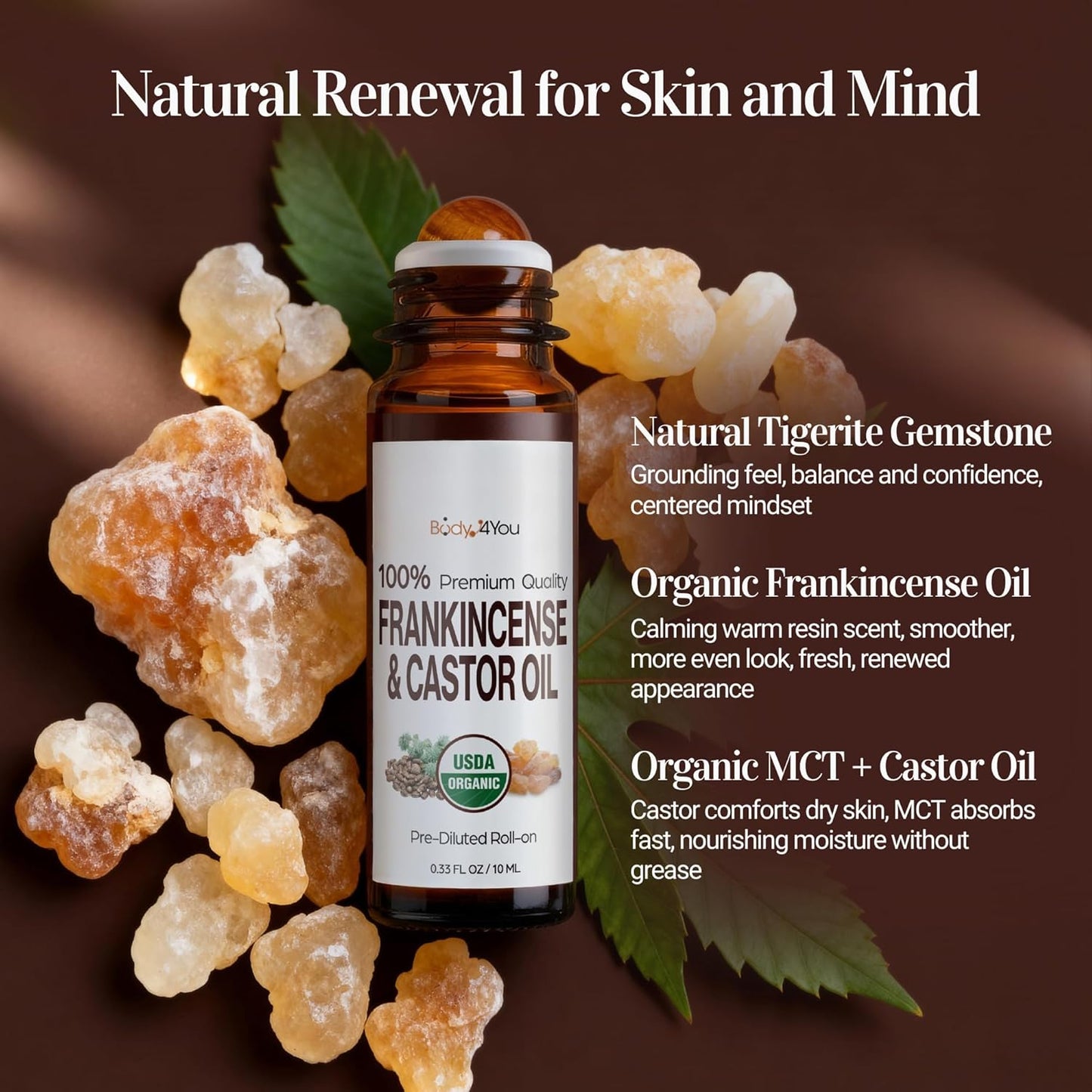 Castor Oil & Frankincense Essential Oil Roll-On | 100% Pure Organic Serum for Dark Circles & Fine Lines - 10ml Travel Size