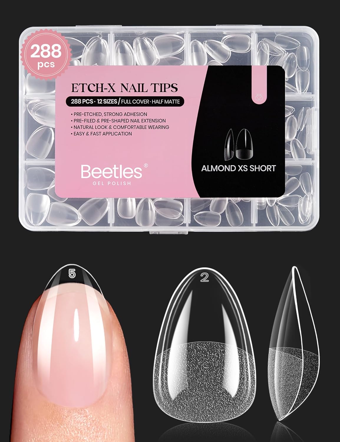 Coffin Gel Nail Tips | Medium Half Matte Press-On Nails - 288 Pcs, 12 Sizes for Easy DIY Manicure