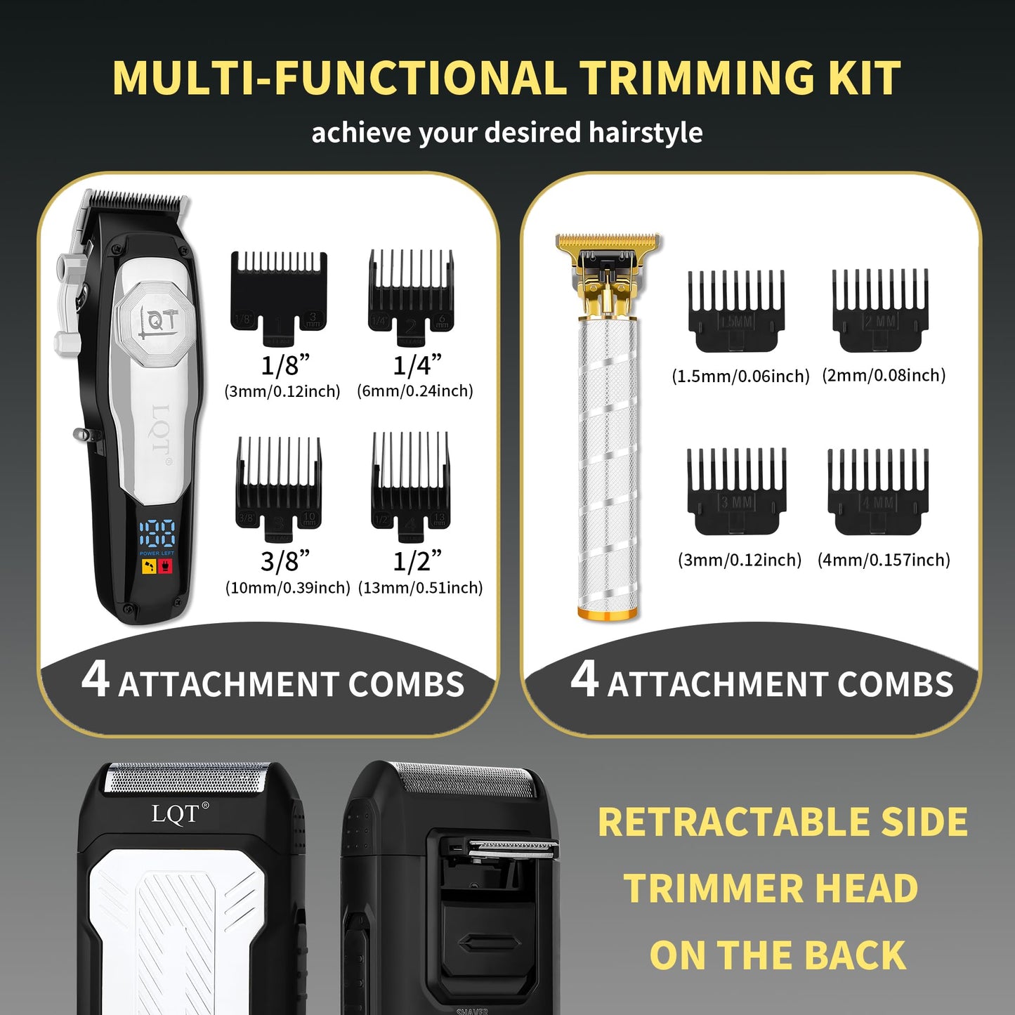 LQT Professional Cordless Hair Clippers and Beard Trimmer Set for Men, LED Display & Long Battery Life,Adjustable Lever & Stainless Steel Blades,Grooming Kit for Home and Barbers,Silver