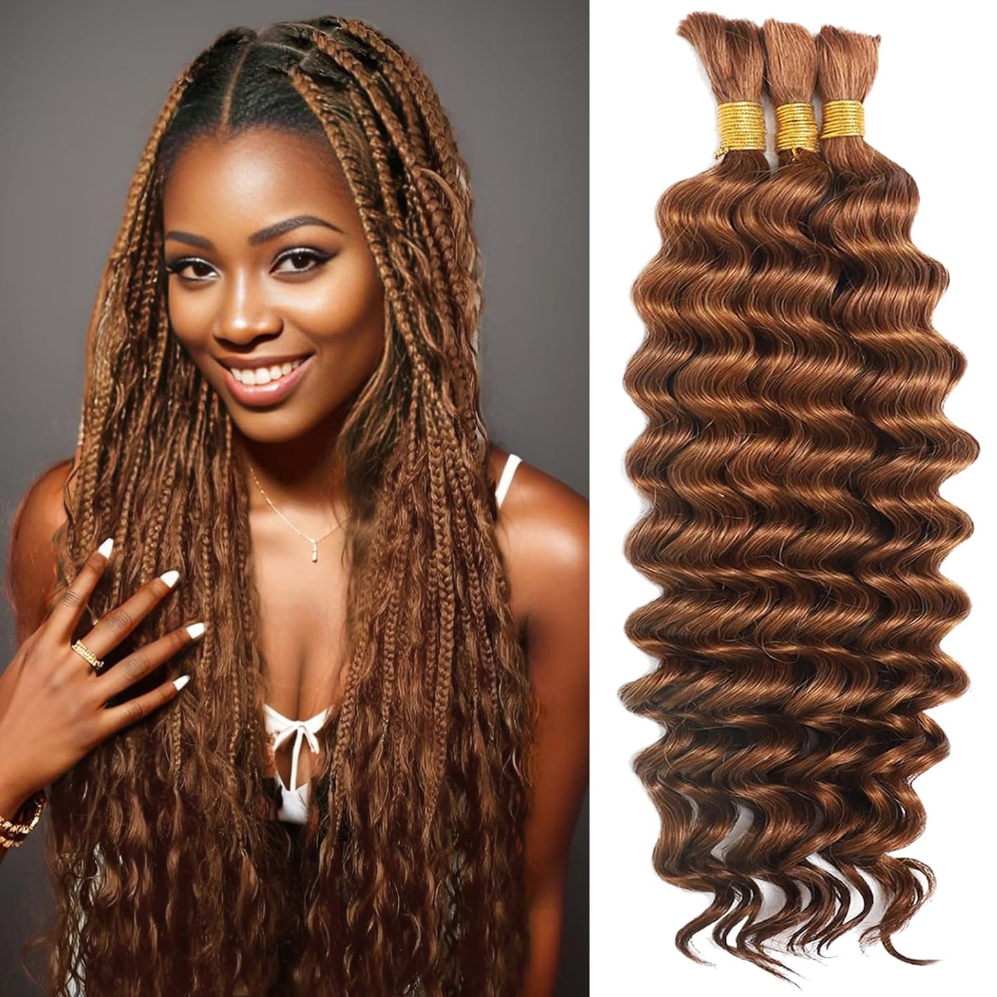 22 Inch Human Braiding Hair - Boho Deep Wave Bulk Brazilian Virgin Hair | 3 Bundles, 110g, Natural Color