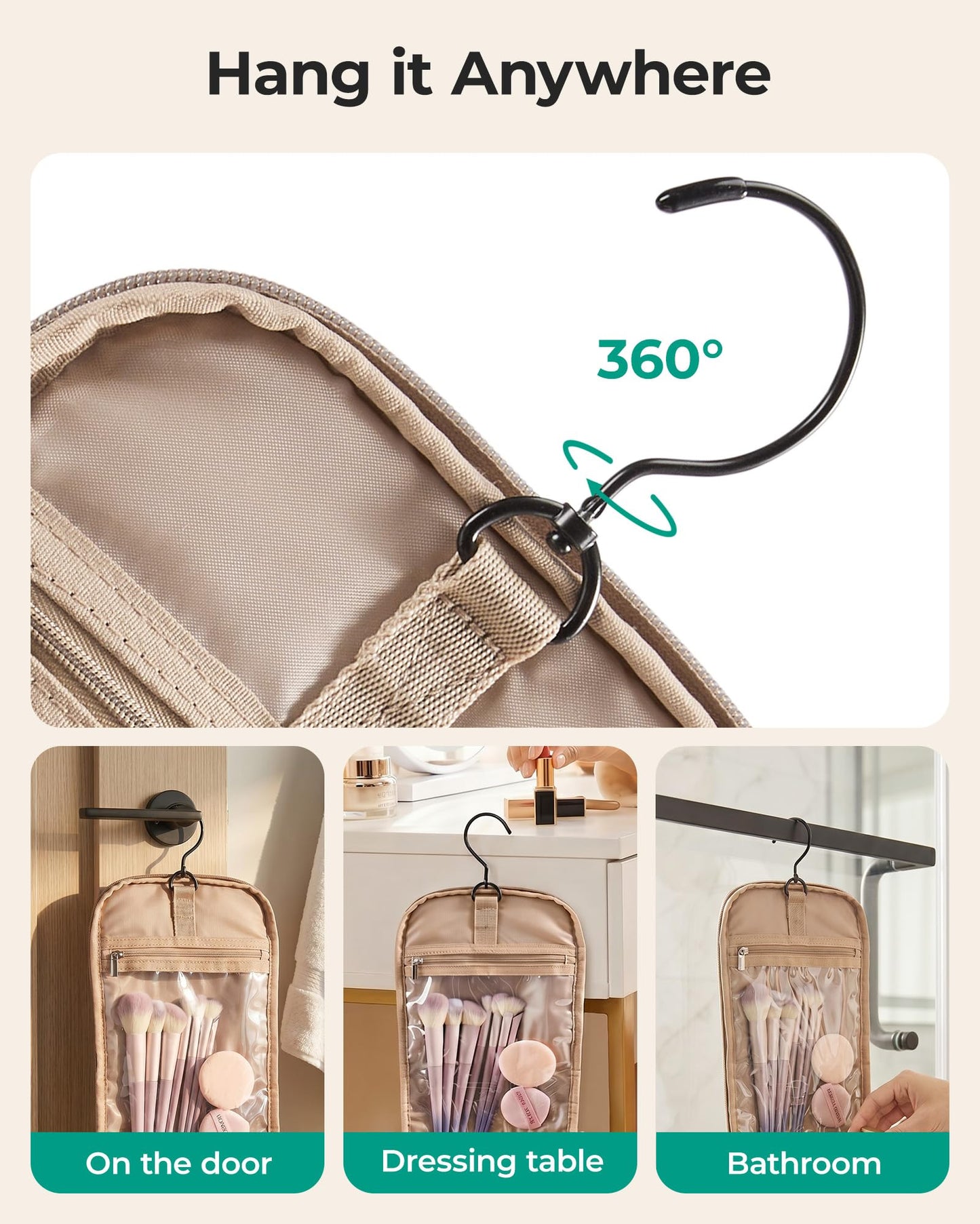 BAGSMART Travel Toiletry Bag for Women, Puffy Hanging Toiletry Bag with Hook, Water-resistant Toiletry Organizer for Full Sized Toiletries (Brown)