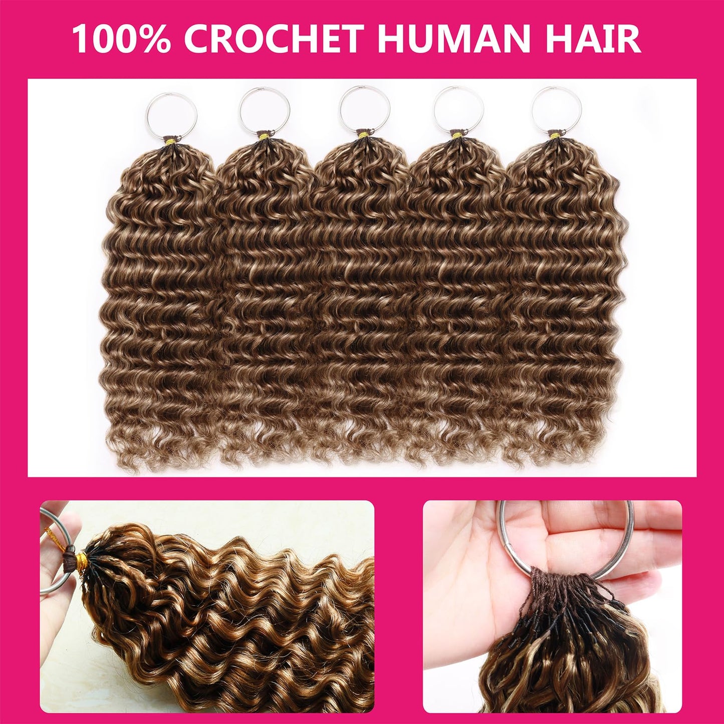Highlight Pre-Separated Human Crochet Hair P4/27/30 Ombre Brown Blonde Deep Water Wave Curly Miracle Knots 16 Inch 60g Knotless Feather Invisible Crochet Extensions Bundles Braiding Hair for Women