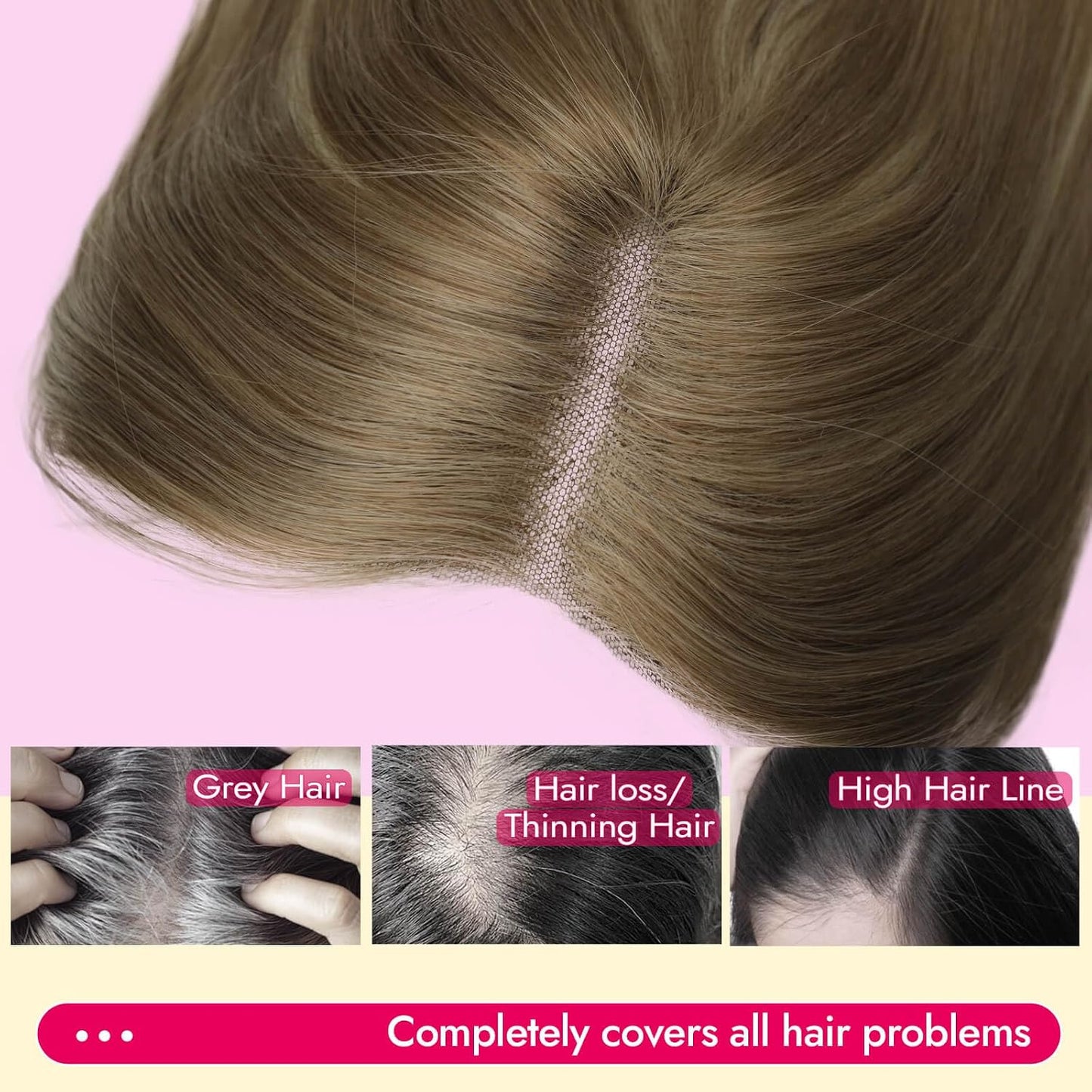 Ash Blonde Synthetic Hair Toppers with Platinum Highlights - 18" Long, 5x6" Base for Thinning Hair, Clip-In Wispy Bangs