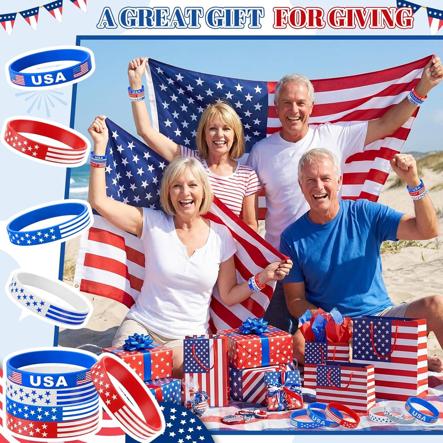 48 Pcs 4th of July Party Favors - Patriotic USA Flag Silicone Bracelets | Red, White & Blue Wristbands for Independence Day