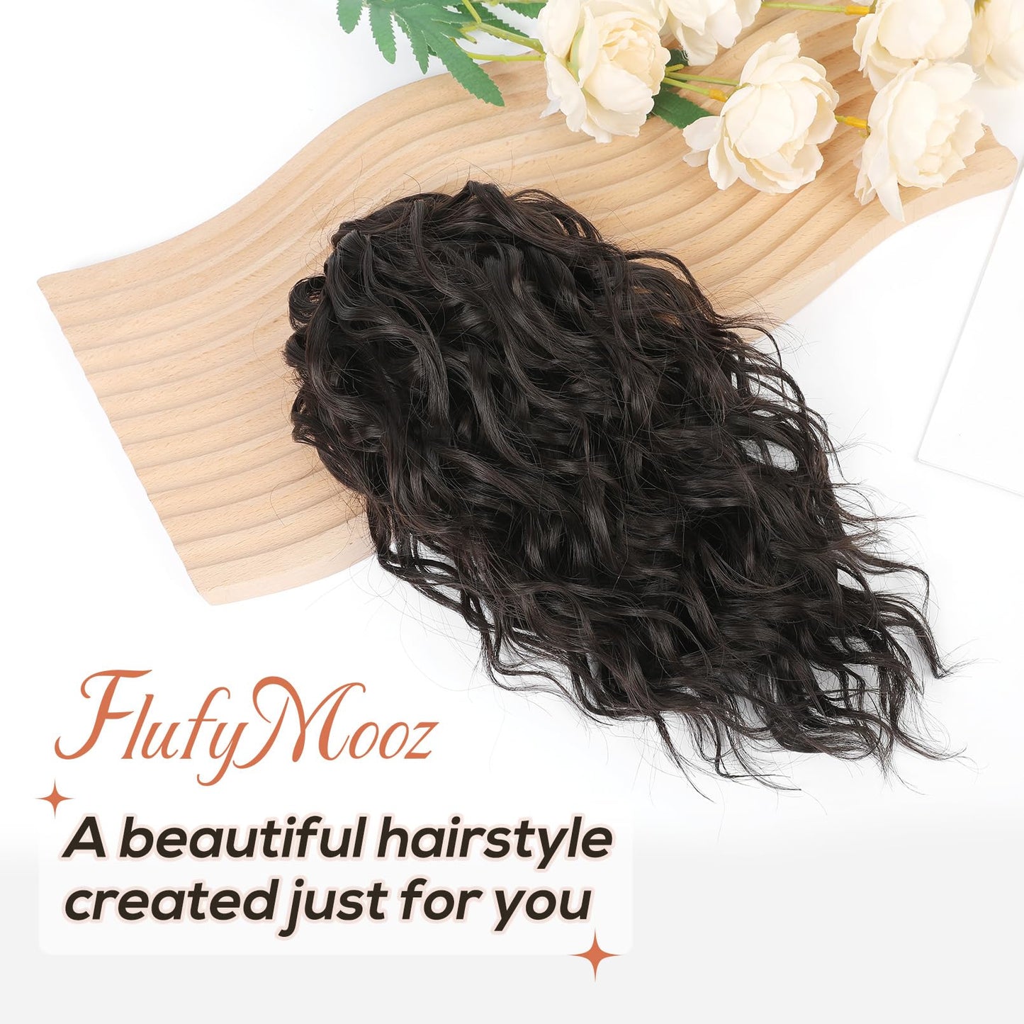 Flufymooz Ponytail Extension, 12" Short Claw Ponytail Extension Wavy Curly Jaw Clip in Pony tails Hair Extension Natural Synthetic Hairpiece for Women (Black Brown)