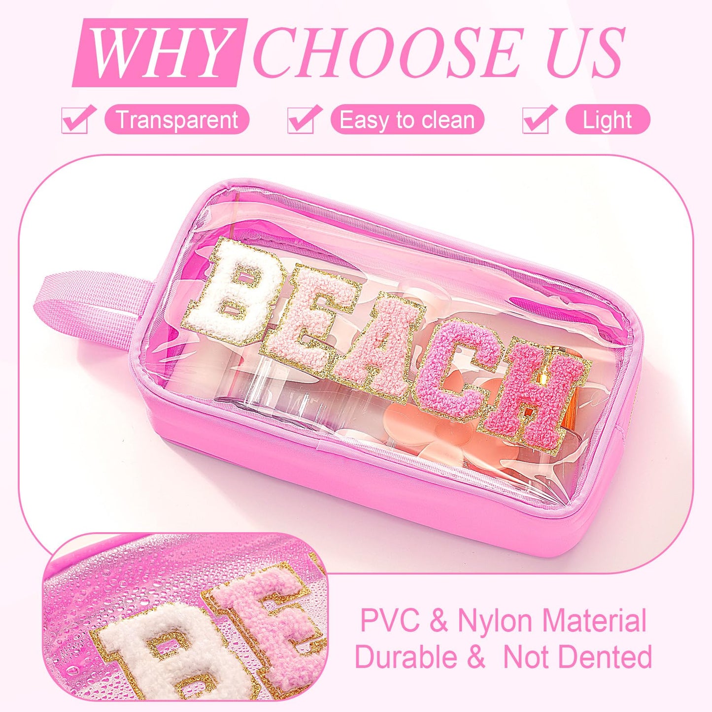 Kacctyen Letter Clear Makeup Bags Beach Pouch Pink Preppy Patch Clear Travel Bag with Handle Chenille Nylon Cosmetics Waterproof Sandproof Bags Toiletry Storage Snack Sunscreen Pouch for Women