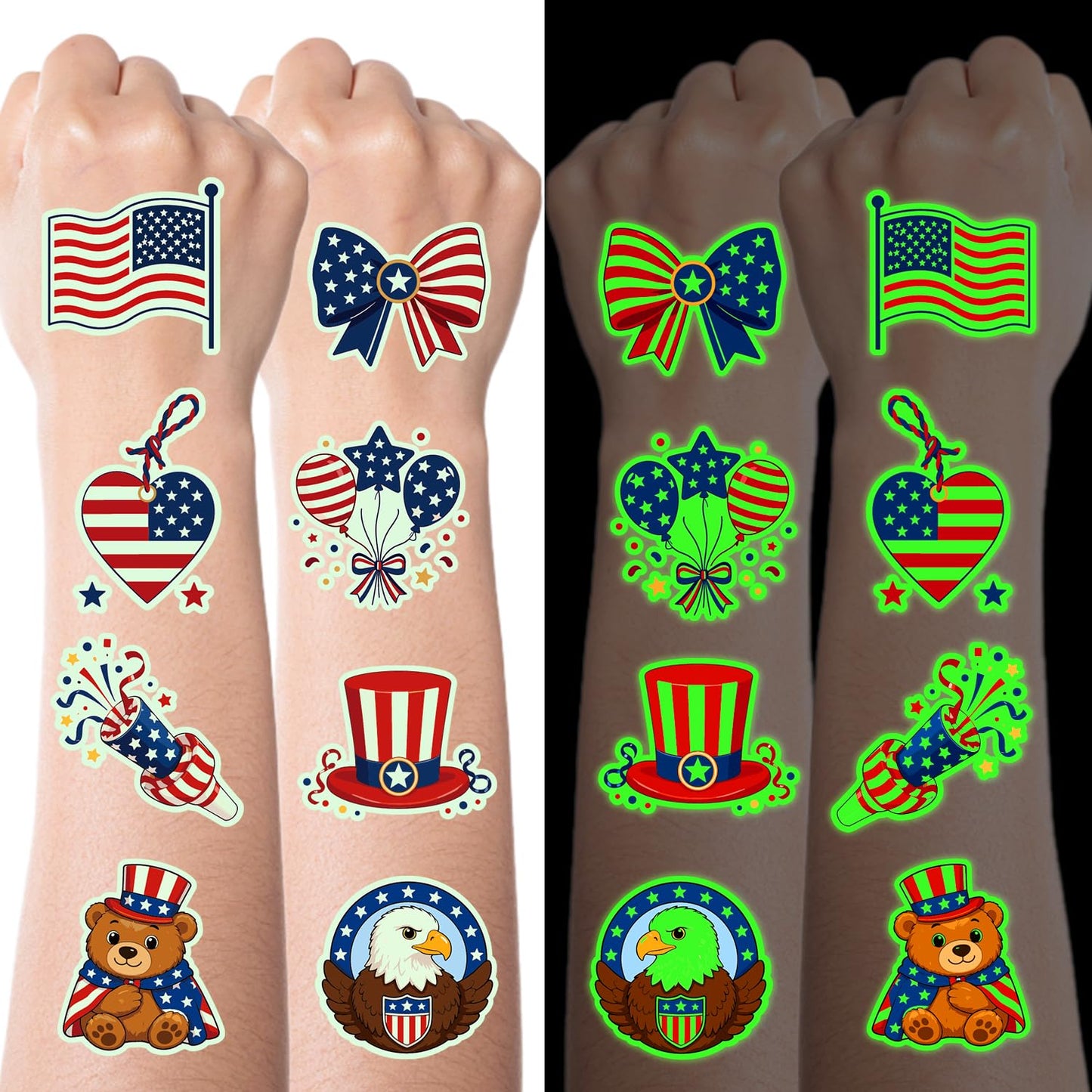 4th of July Temporary Tattoos - Cute Independence Day Stickers for Kids & Adults | Red, White & Blue Party Favors