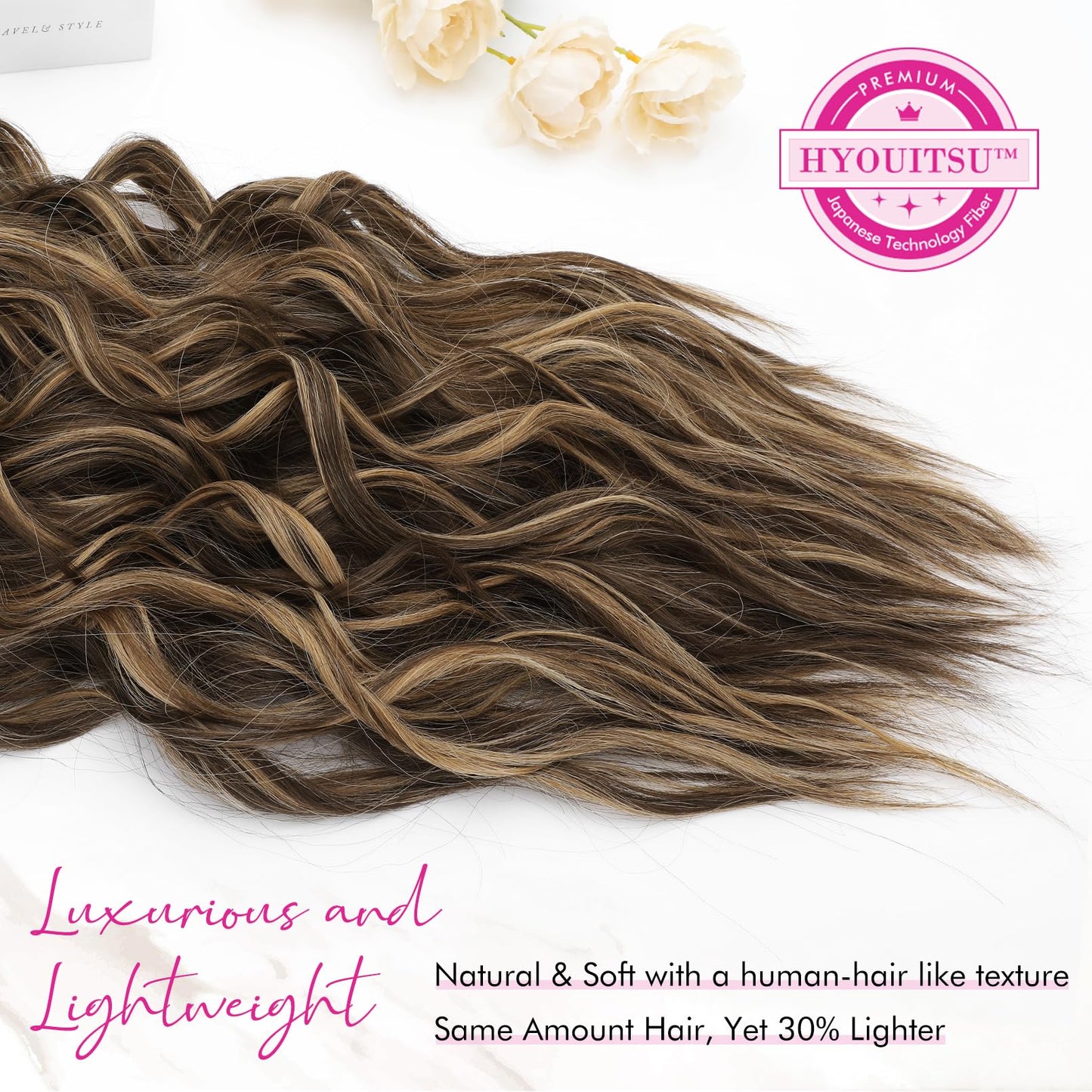 REECHO Hair Extensions,4PCS Clip in Extensions 24''Thick Long Brown hair extensions HE003 Invisible Lace Weft Natural Synthetic Hairpieces– Chocolate Brown with Blonde Highlights(4PC278)