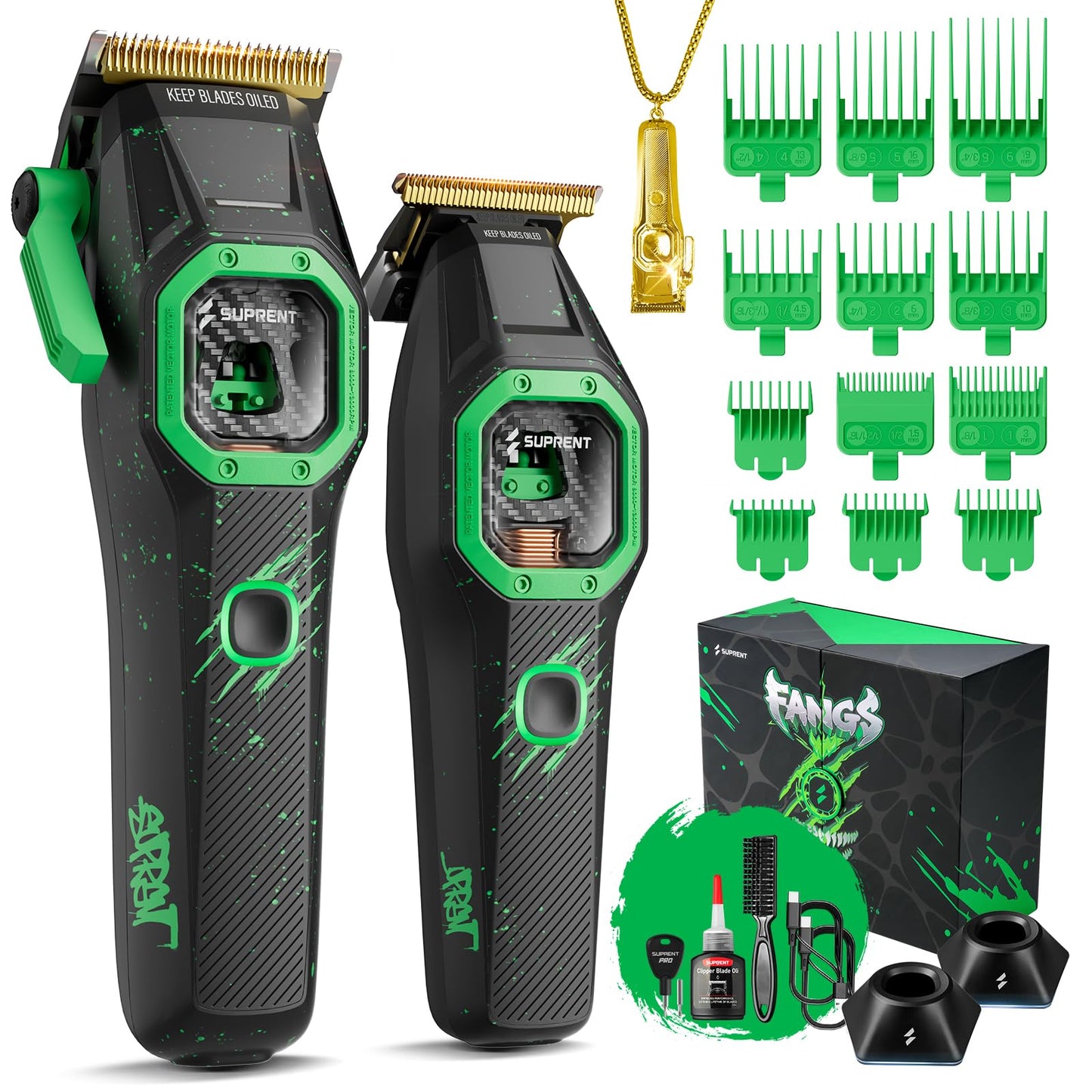 SUPRENT FANGS Professional Barber Clippers - High-Performance 13,000 RPM Vector Motor Hair Clipper Barber Trimmer Set, Professional Haircutting Kit with AI Speed Control, Patented U-Teeth Blade(black)