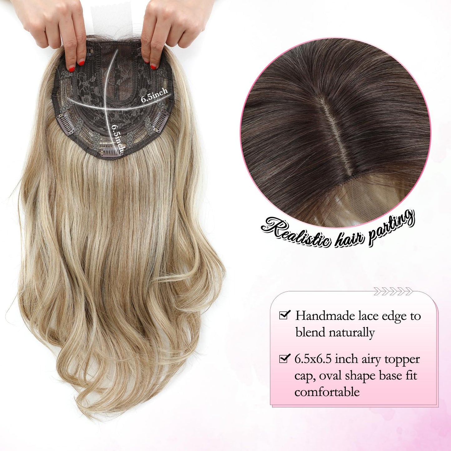 18 Inch Body Wavy Hair Topper for Women - Synthetic Clip-In, Natural Part, Dark Brown Root to Blonde Ombre with Highlights