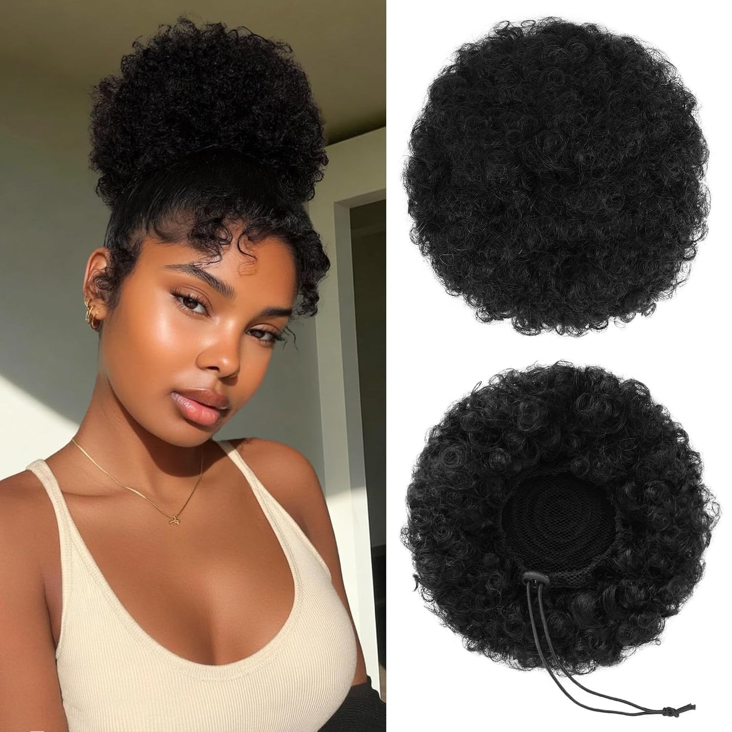 Human Hair Afro Puff Drawstring Ponytail - Kinky Curly Short Extensions for Black Women | Medium Size - 1B Natural Black