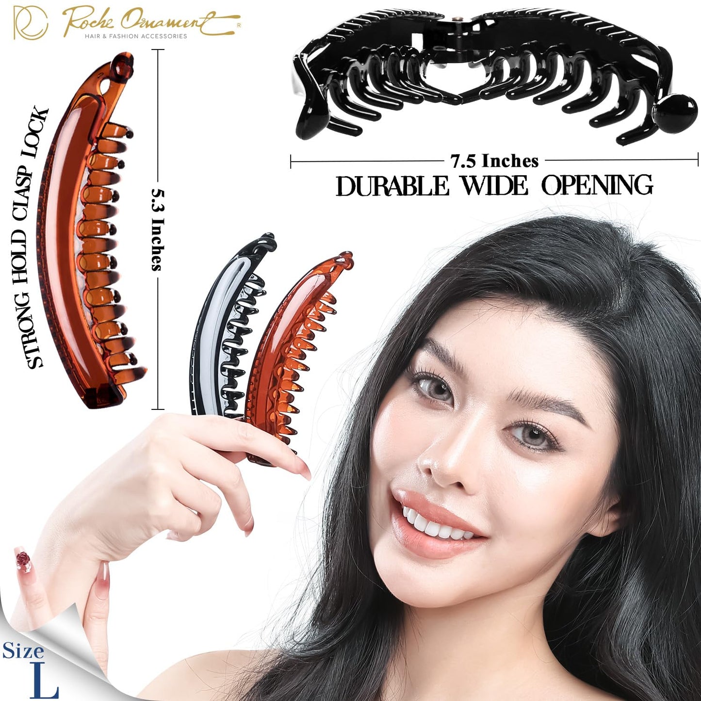 Large Banana Hair Clips for Women - 2 Pcs Thick Curly Ponytail Holders | Strong Hold, Black & Brown