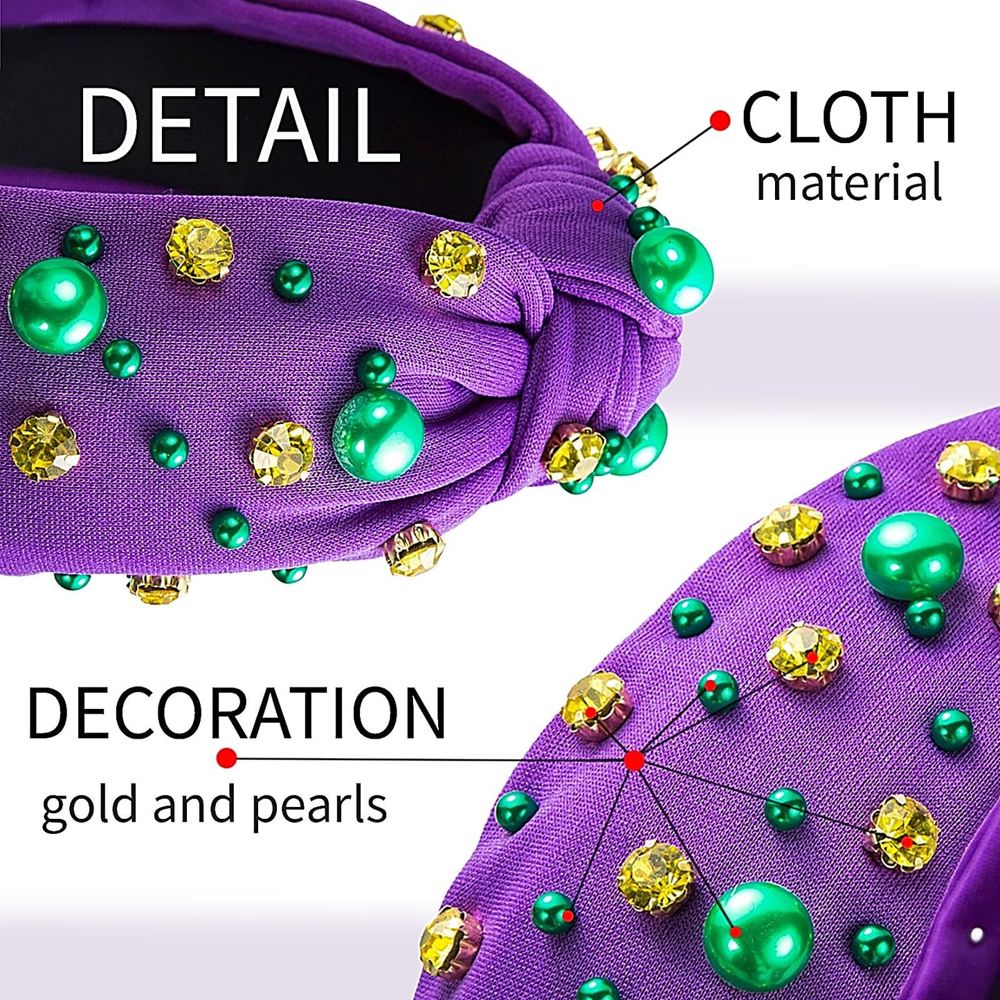 XIELIME Mardi Gras Headband for Women, Purple Green Gold Pearl Rhinestone Jeweled Knotted Cloth Hairband Carnival Wide Knot Head Band Mardi Gras Outfit for Women's Hair Accessories