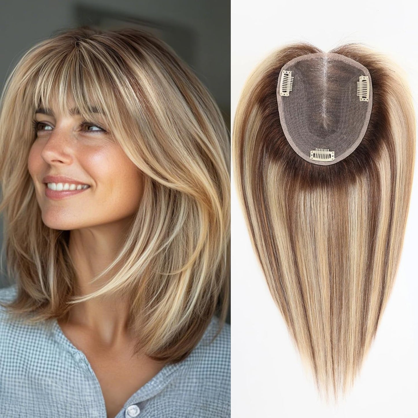 Real Human Hair Toppers for Women - 14 Inch Silk Base | Ash Blonde Mixed Brown with Bangs - 60g