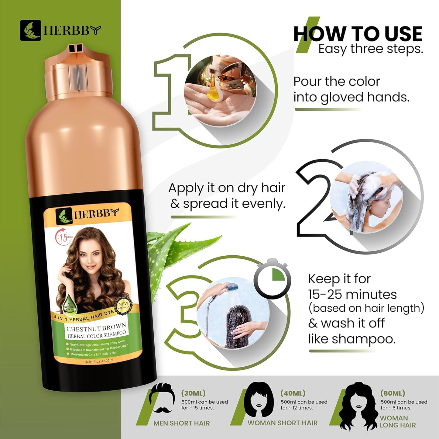 Gray Hair Coverage Shampoo & Conditioner - 9 Herbal Extracts for Long-Lasting Color | Chestnut Brown, 500 ml