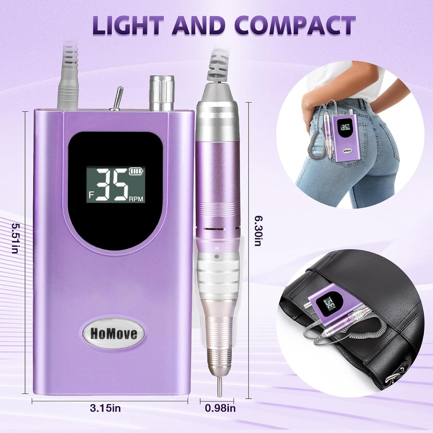 Professional Nail Drill Machine - 35000RPM Rechargeable Efile for Acrylic Gel Nails | Portable & Low Heat (Violet)