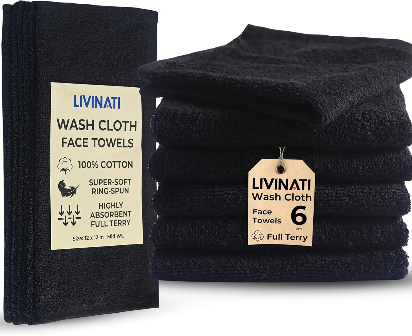 Turquoise Cotton Wash Cloths - Soft Absorbent Terry Towels | 12"x12" 6-Pack for Adults & Kids