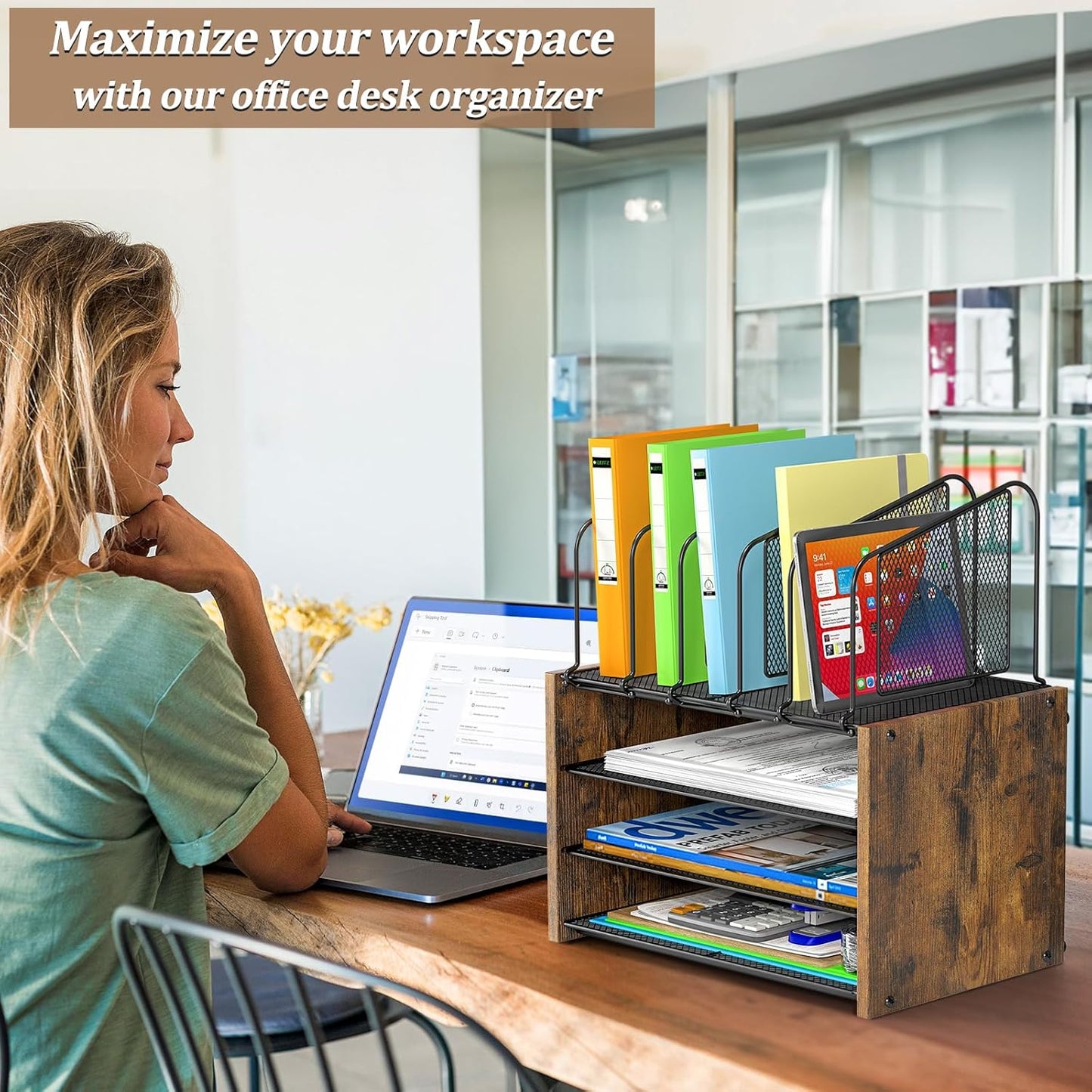 4-Tier Desk Organizer - Wooden Desktop File Holder with 5 Vertical Slots | Office & Home Use