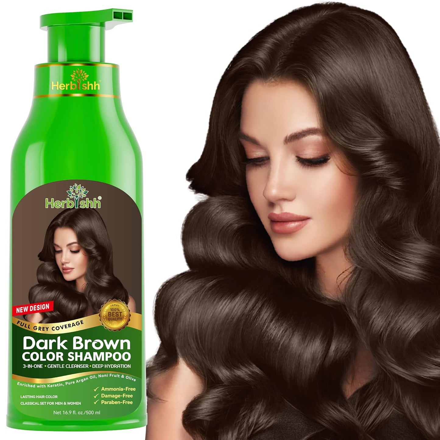 Herbishh Hair Color Shampoo for Gray Hair - Natural 3-in-1 Dye | Dark Coffee, 500ML, Lasts 3-4 Weeks