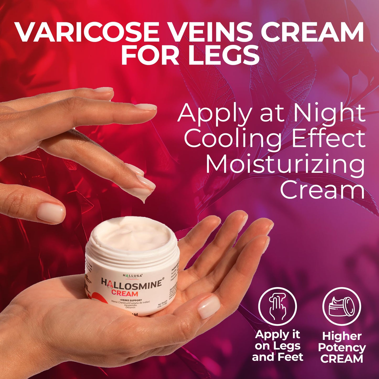 Hallusa Natural Hallosmine Leg Cream with Diosmin, Hesperidin, Horse Chestnut, Menthol & Aloe Vera | Daily Leg Comfort for Visible Veins, Swelling and Heavy Legs, 4oz (112g)