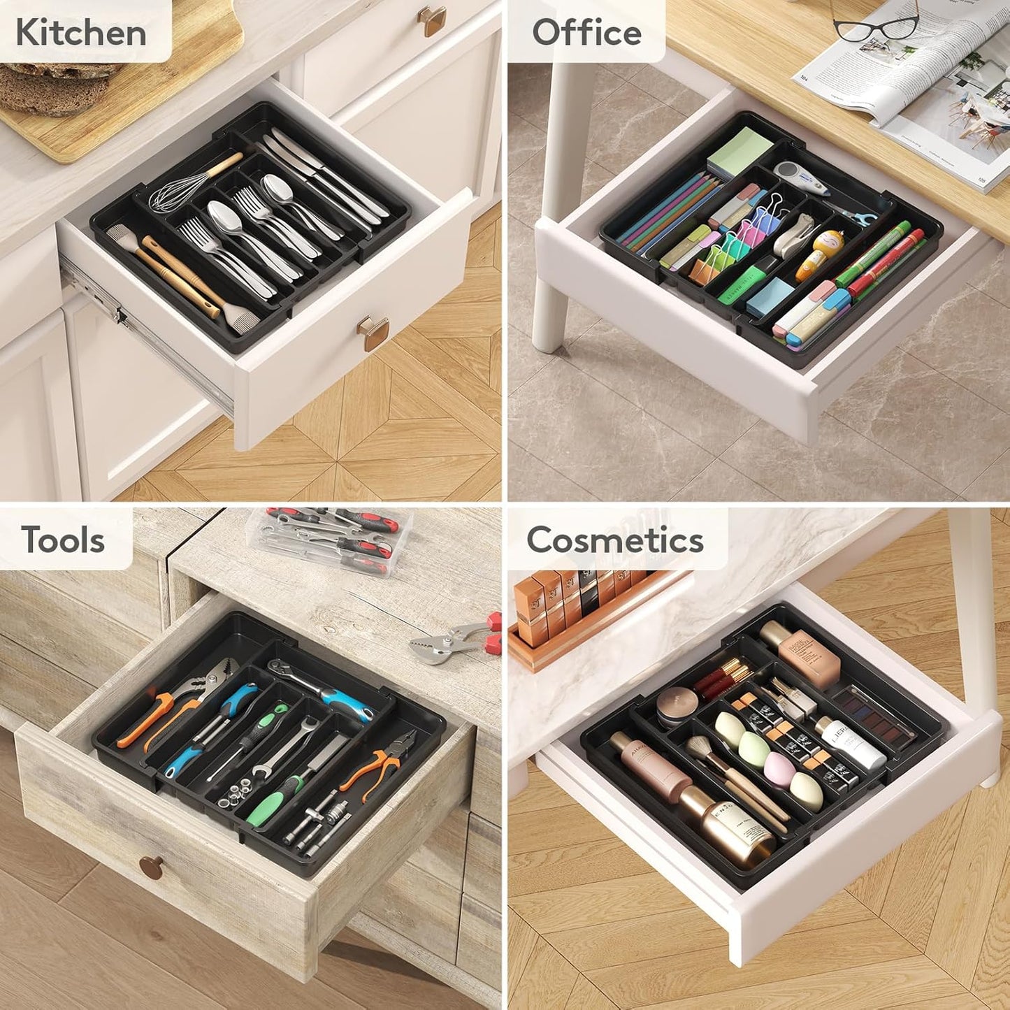 Expandable Silverware Organizer - BPA-Free Plastic Utensil Tray for Kitchen Drawer | Space-Saving Cutlery Holder, Black, 8.5-14 x 12 x 1.5 Inch