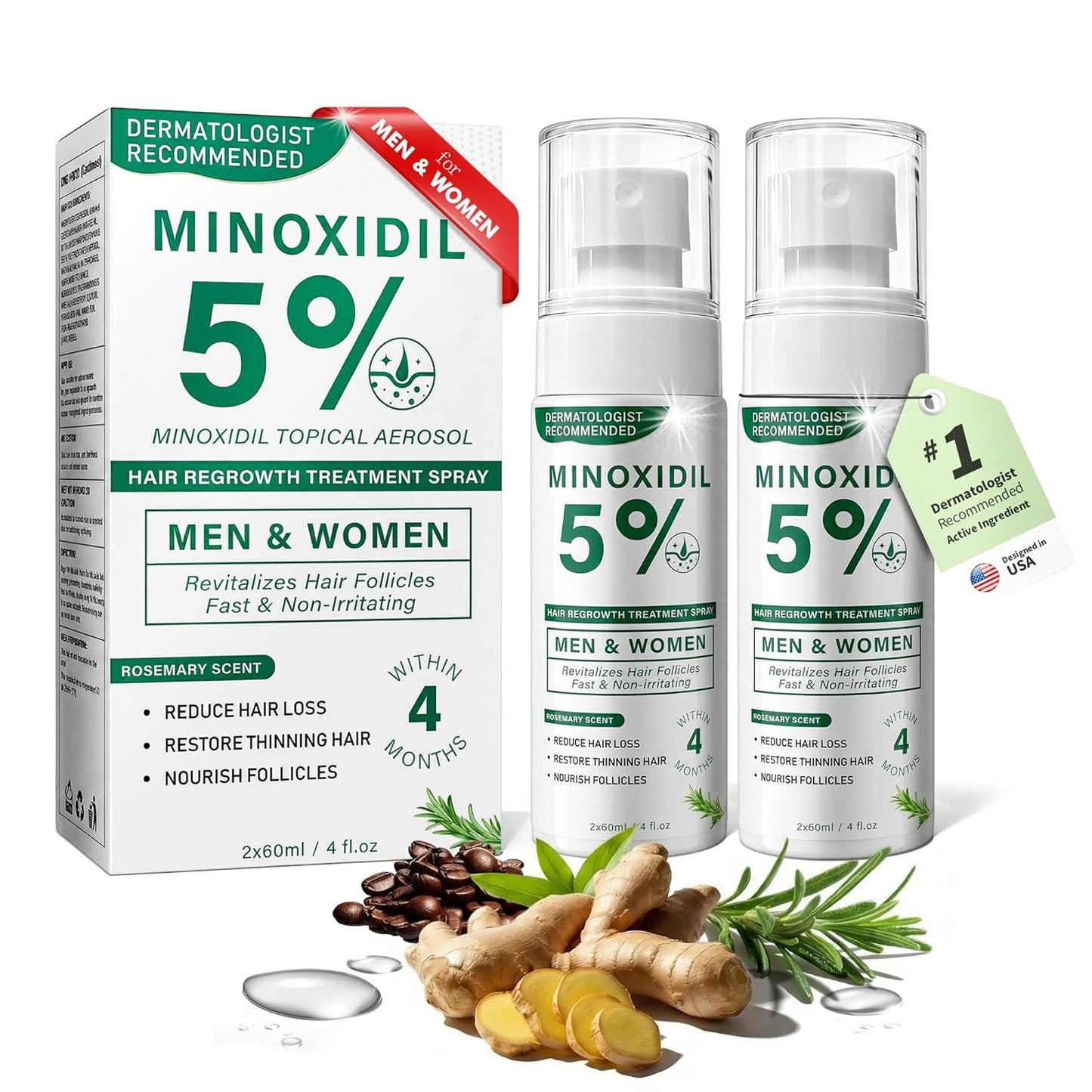 Minoxidil Hair Regrowth Spray - Rosemary Scented Formula for Men & Women | 2 x 60ml Value Pack for Thinning Hair