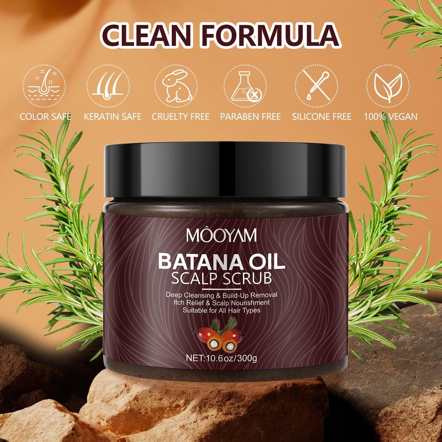 Scalp Scrub with Batana Oil, 2-in-1 Shampoo Scalp Exfoliator for Hair Treatment, Includes Silicone Scalp Massager, Removes Buildup & Dandruff, 10.6oz