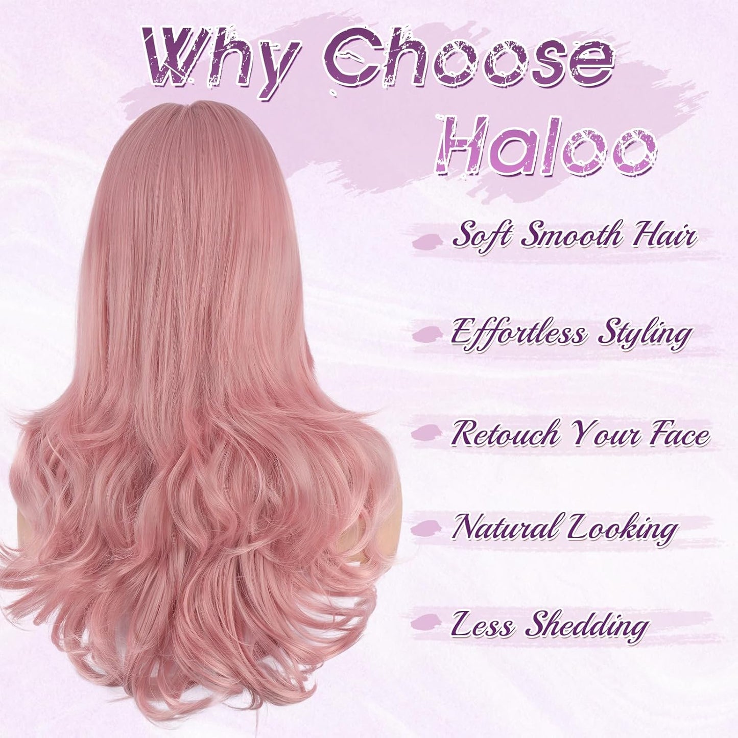 Pink Wigs with Bangs - Long Wavy Layered Synthetic Hair Wig | Natural-Looking, Heat Resistant, 24 Inch