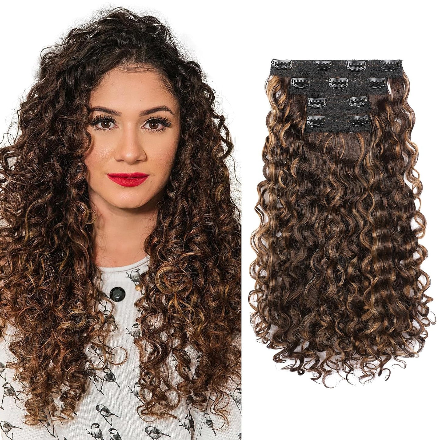 Curly Hair Extensions - 4PCS 18" GoGo Curly Clip-Ins | 100% Protein Hairpieces, Honey Blonde Highlights