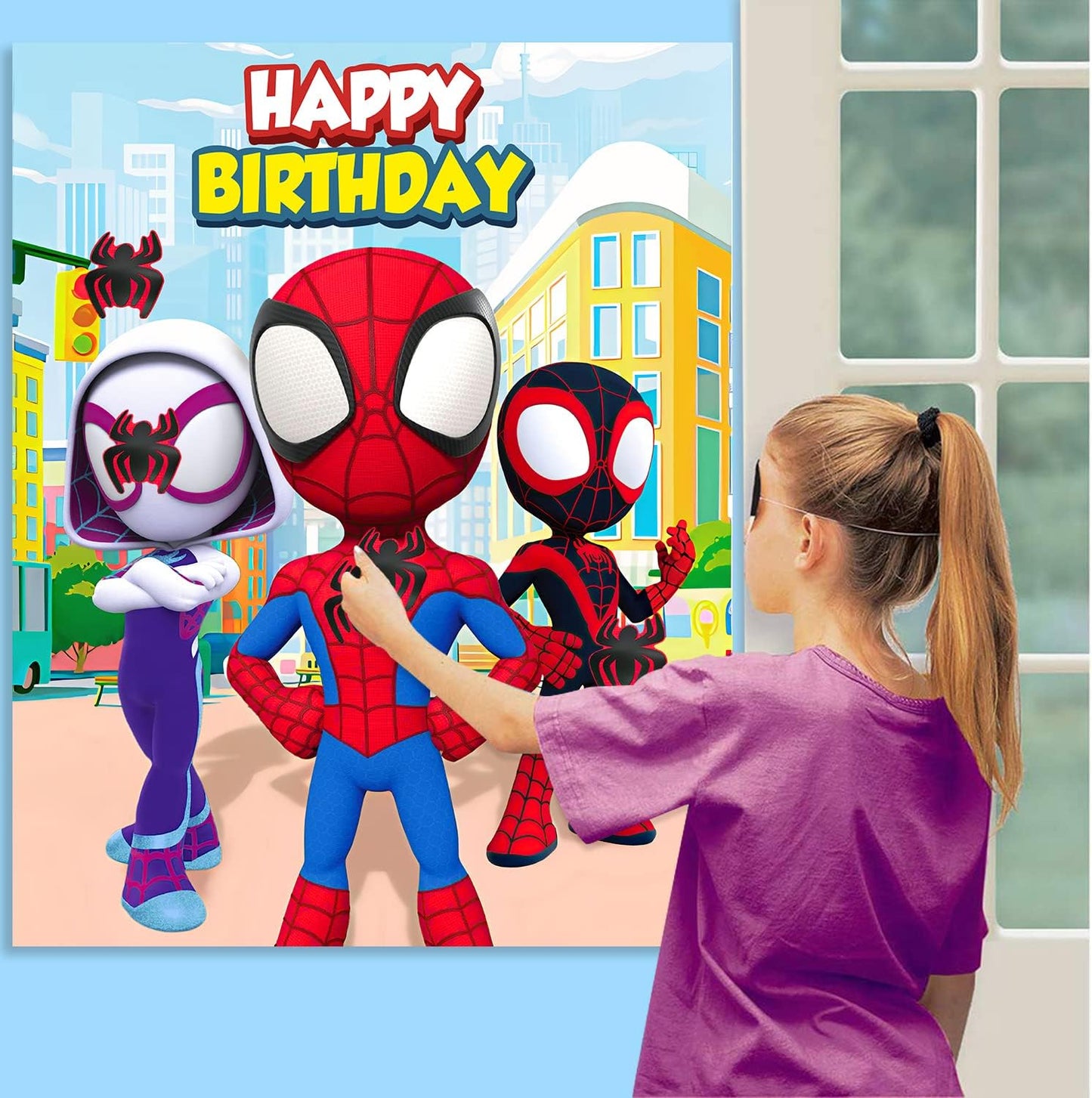 Spidey Birthday Decorations - 24PCS Stickers & Large Poster | Fun Party Games for Kids