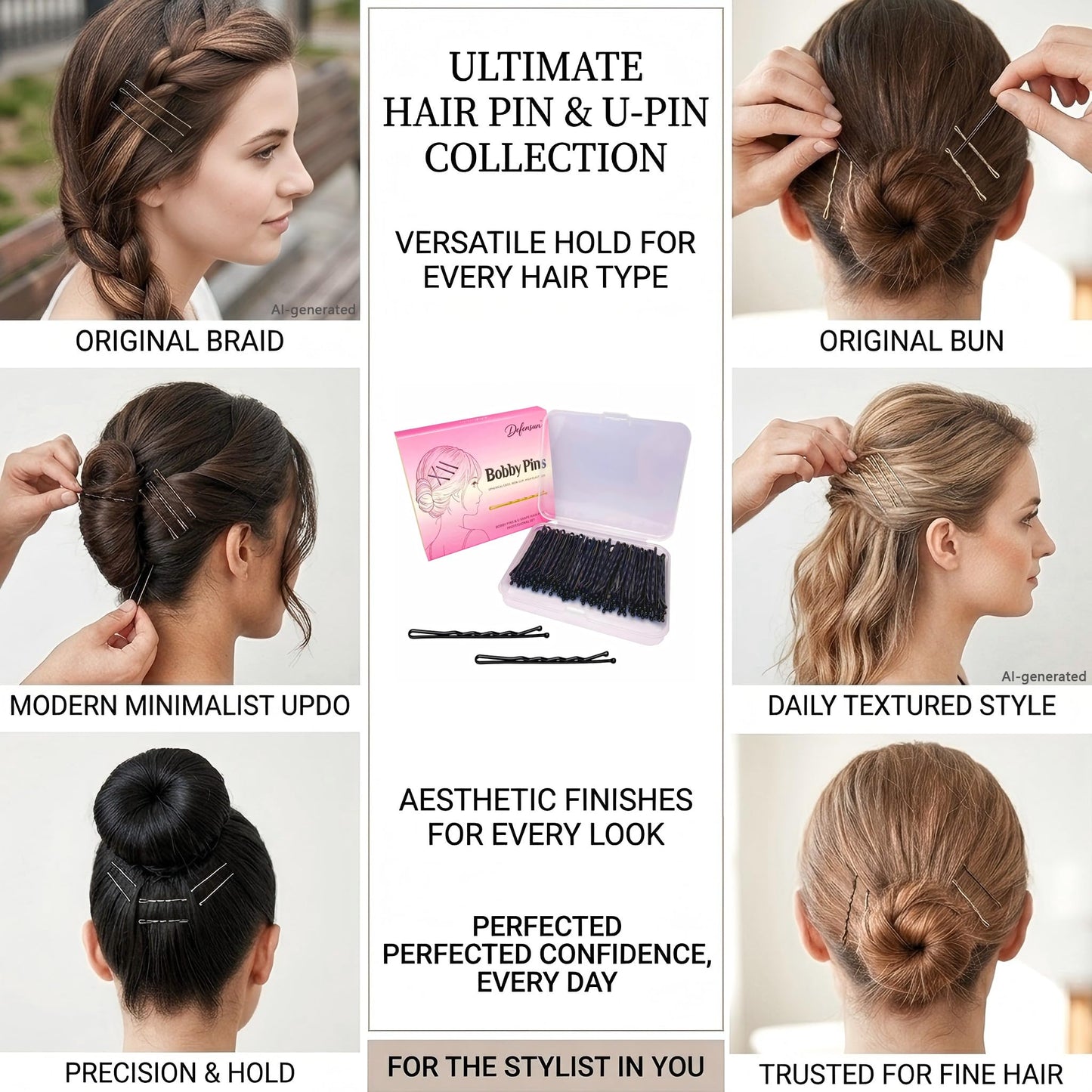 DEFENSUN 200 Pcs Brown Thick Bobby Pins Set - 4 Style Mix (2.2" 2.36" 2.75" Bobby Pins & 2.36" U-Shape) - 50pcs Each - Premium Reusable Hair Accessories with Storage Box